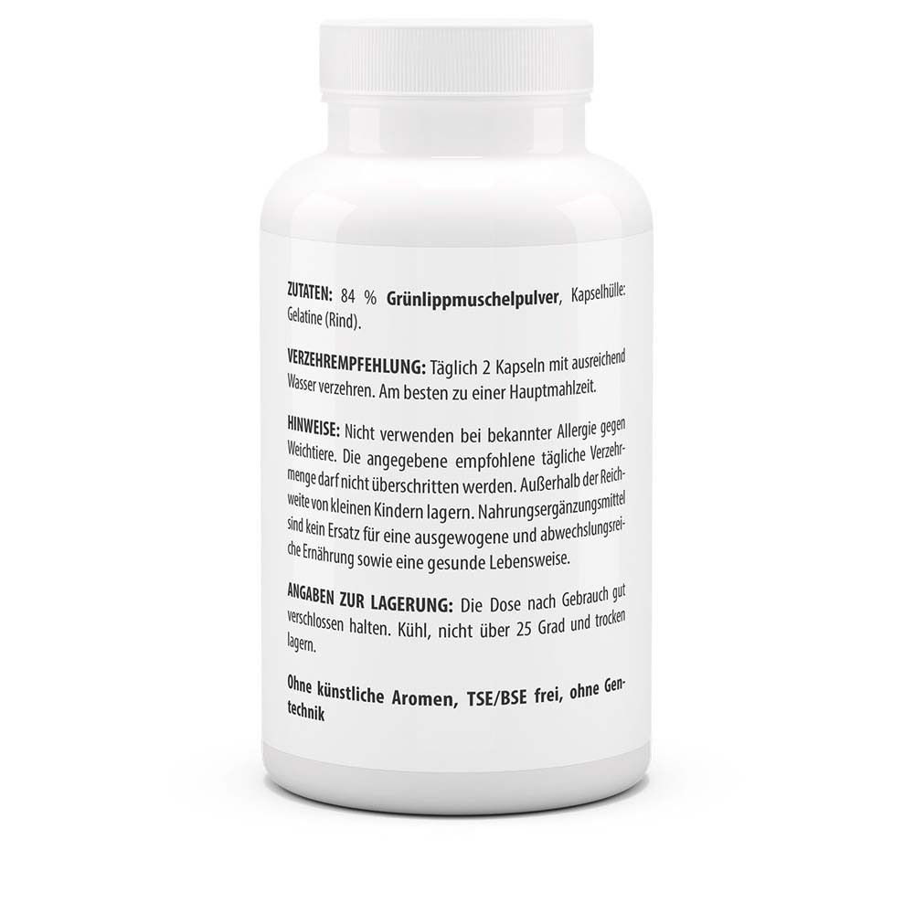 Rückseite der weißen Flasche. Aufschrift: Zutaten, Verzehrempfehlung, Hinweise, Angaben zur Lagerung. Ohne künstliche Aromen, TSE/BSE frei.