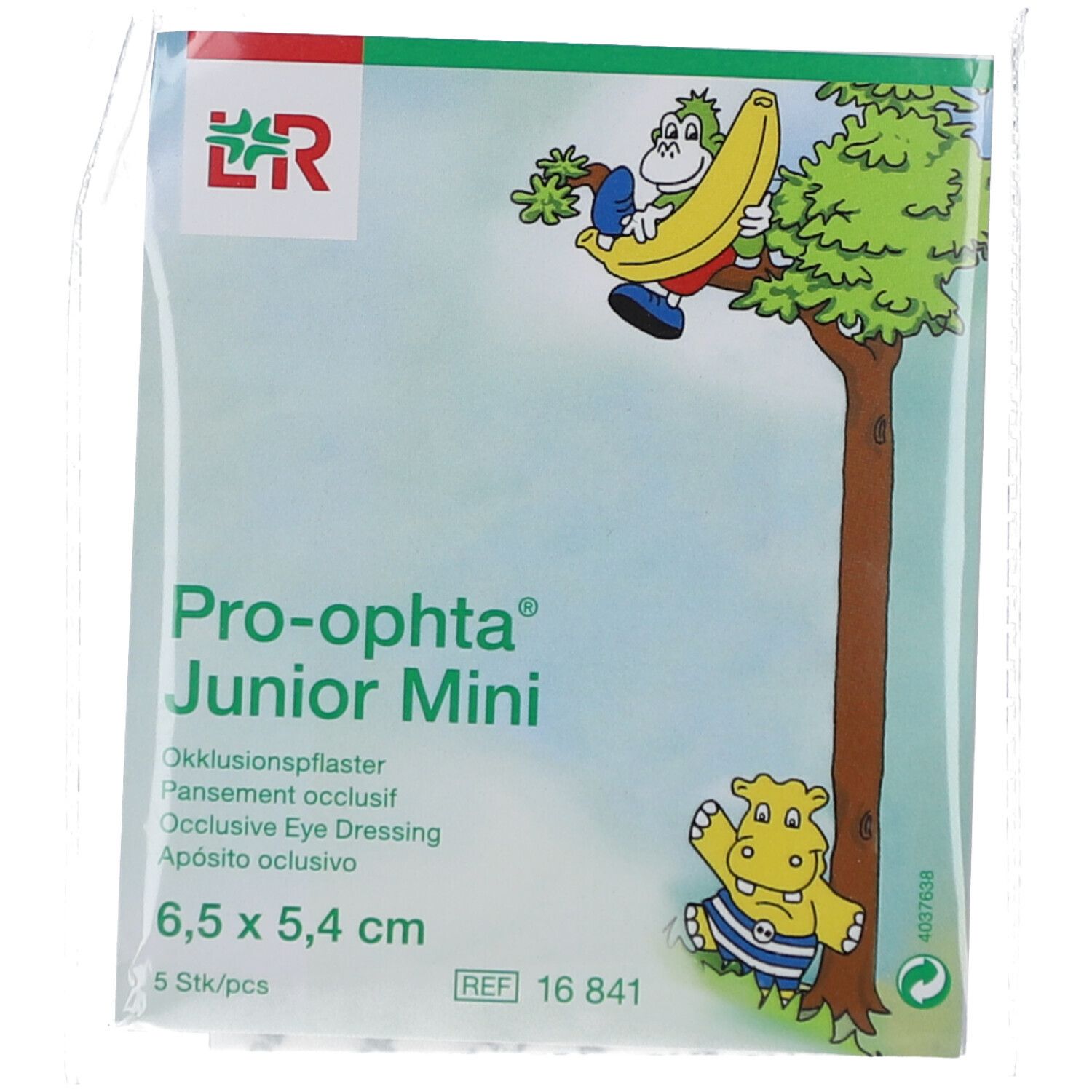Pro-optha Junior Mini Okklusionspflaster. Quadratische Verpackung mit Produktnamen und Illustrationen. Größe: 6,5 x 5,4 cm.