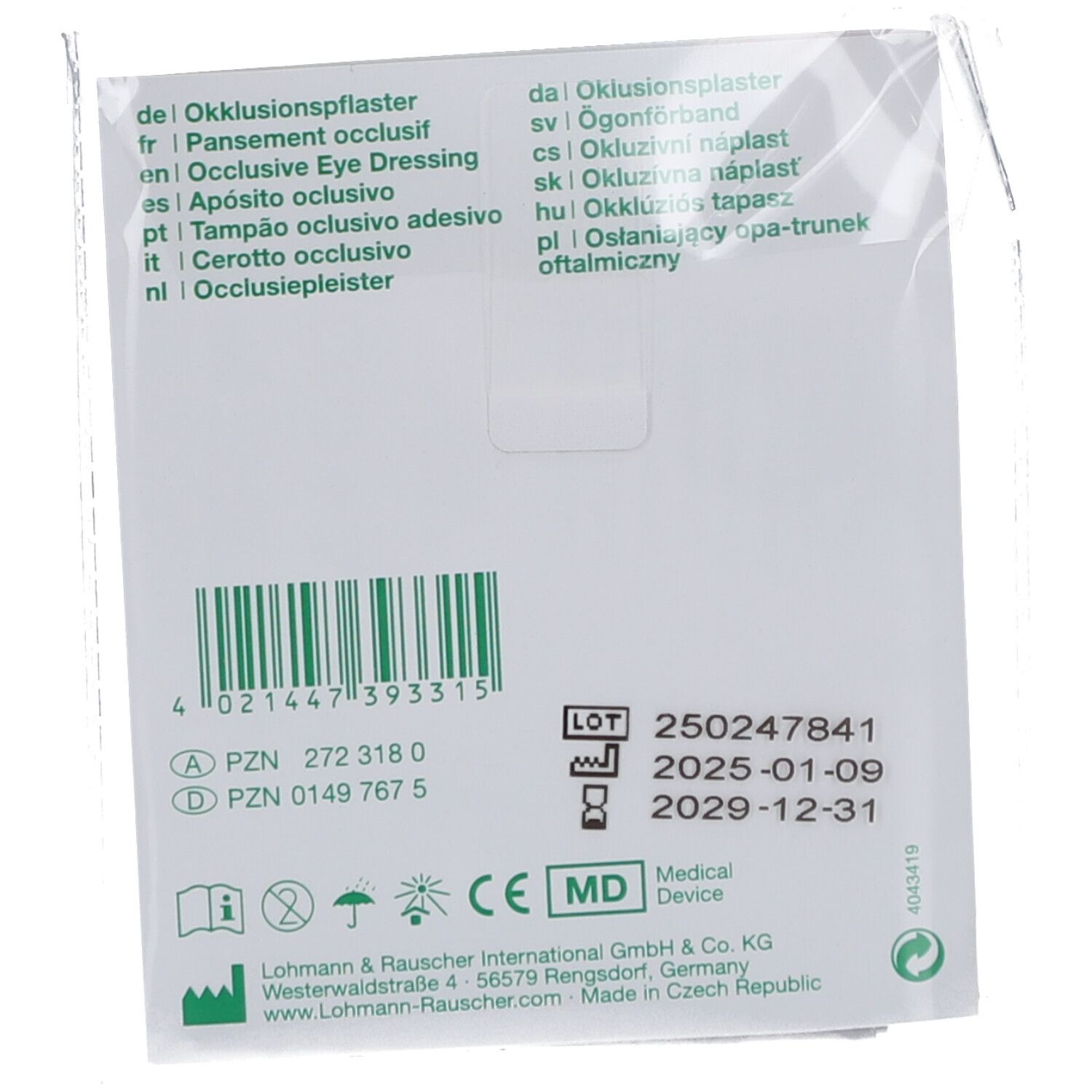 Rückseite der Pro-optha Junior Mini Verpackung. Text in mehreren Sprachen. Informationen zu Chargennummer und Verfallsdatum.