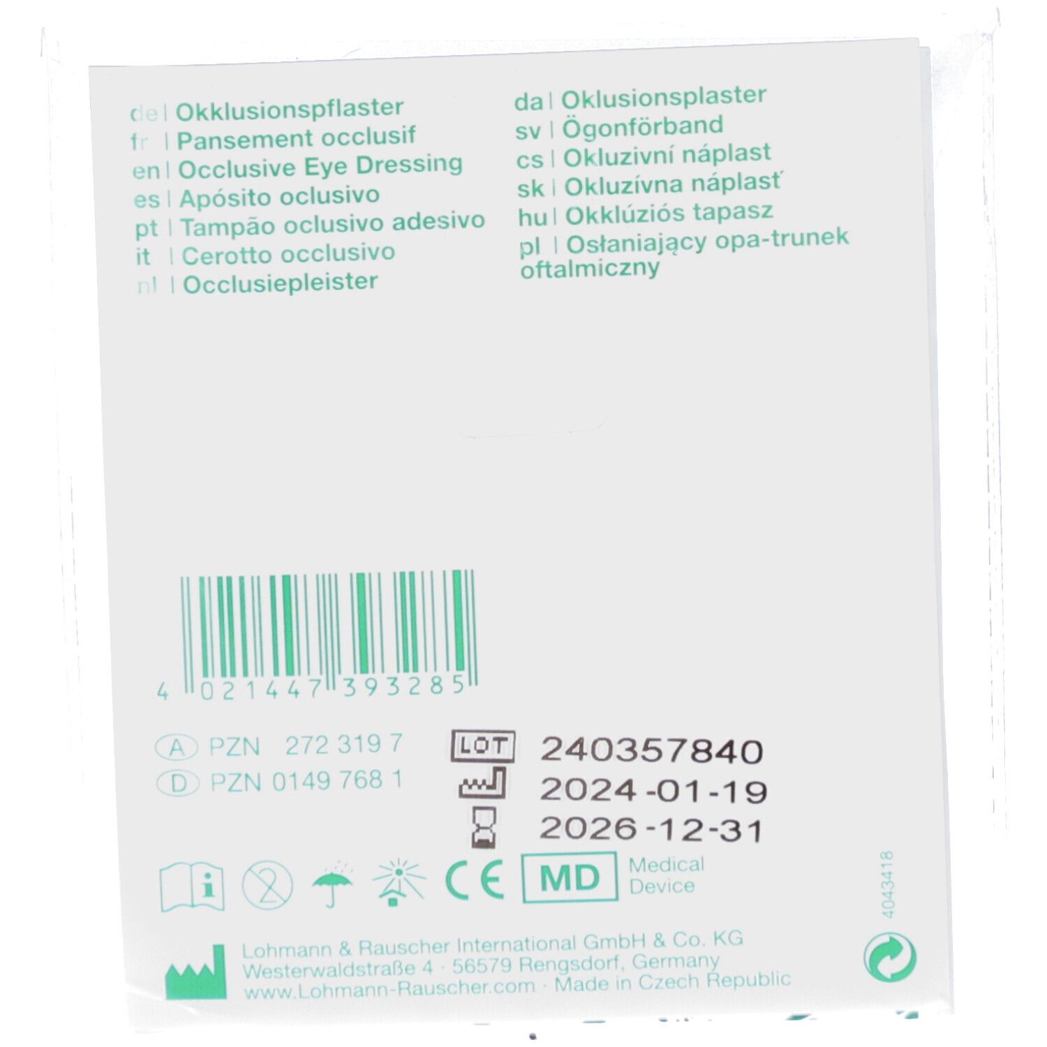 Rückseite der Verpackung mit Produktinformationen. Enthält Chargennummer, Verfallsdatum und CE-Kennzeichnung.