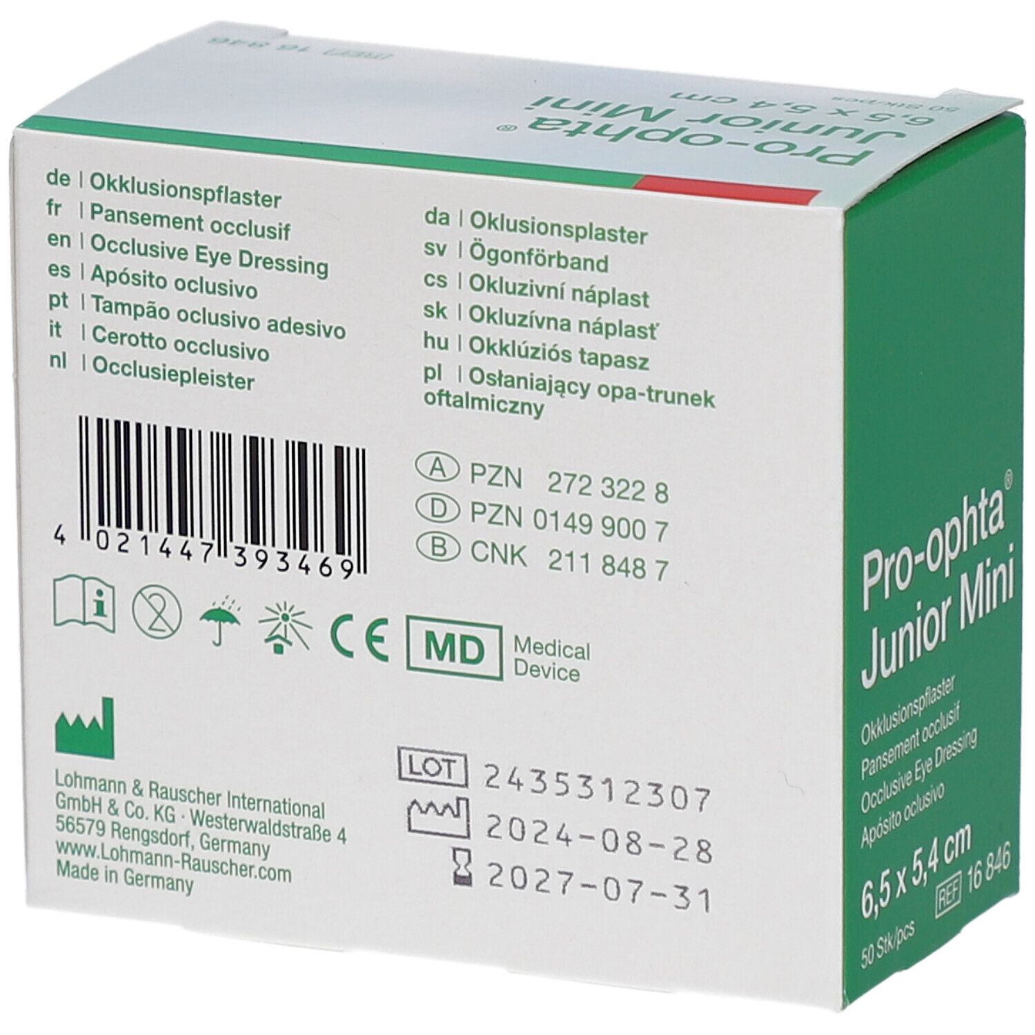 Rückseite der Pro-ophta Junior Mini Verpackung. Text in mehreren Sprachen. Barcode, CE-Kennzeichnung, Medizinprodukt.