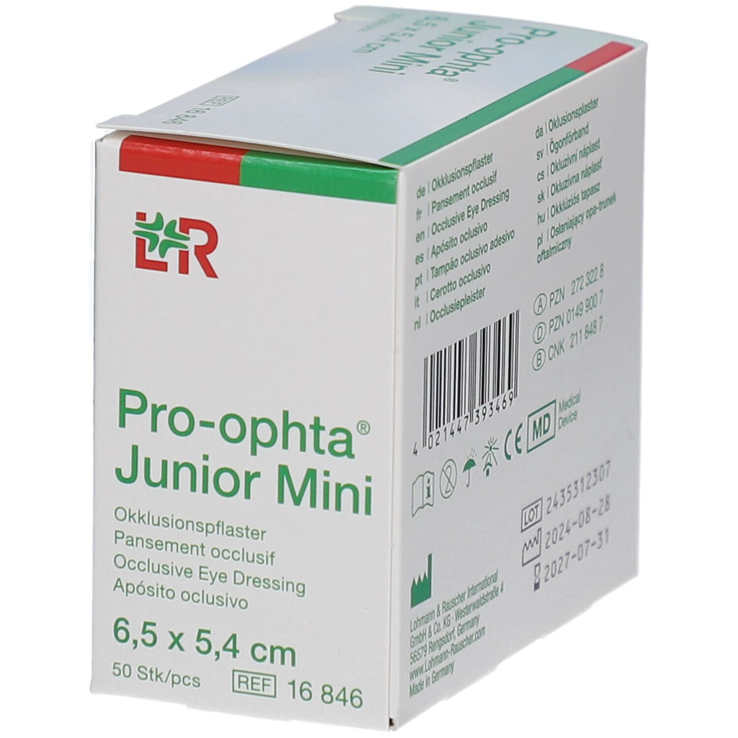 Schachtel von Pro-ophta Junior Mini. Aufdruck: Okklusionspflaster, 6,5 x 5,4 cm, 50 Stück. Barcode, Medizinprodukt.