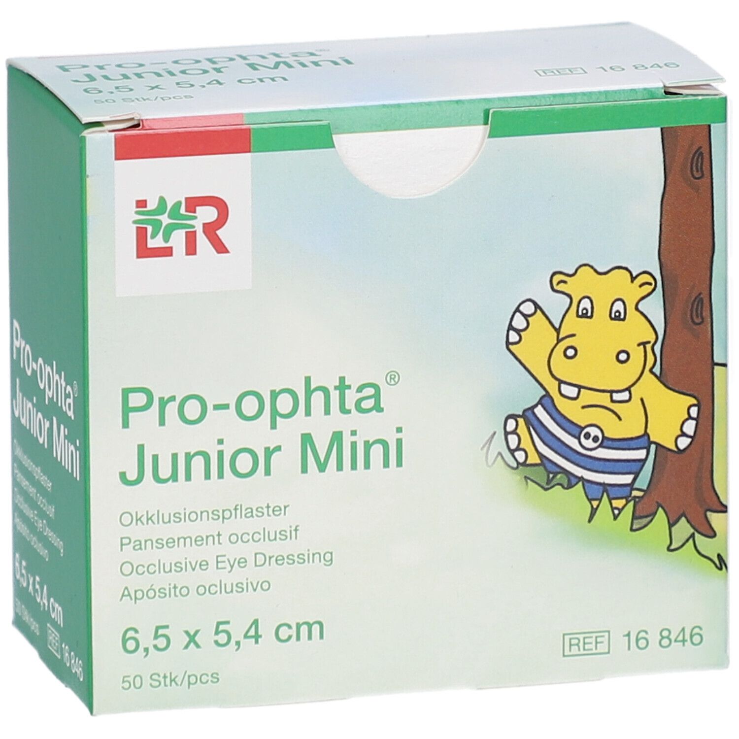 Karton von Pro-ophta Junior Mini. Aufdruck: Okklusionspflaster, 6,5 x 5,4 cm, 50 Stück. Abbildung eines Nilpferds.
