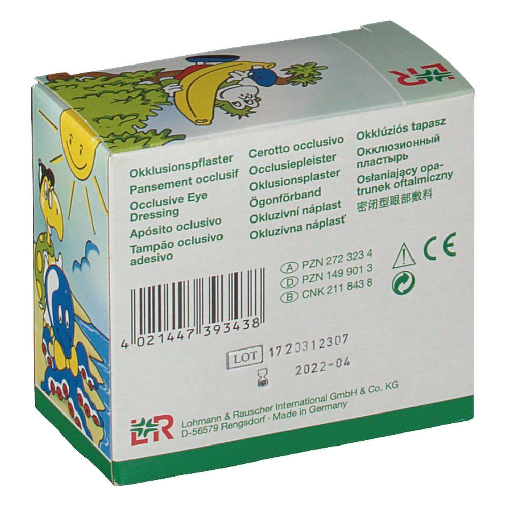 Rückseite der Pro-optha Junior Maxi-Verpackung. Text in mehreren Sprachen. Chargennummer und Haltbarkeitsdatum.
