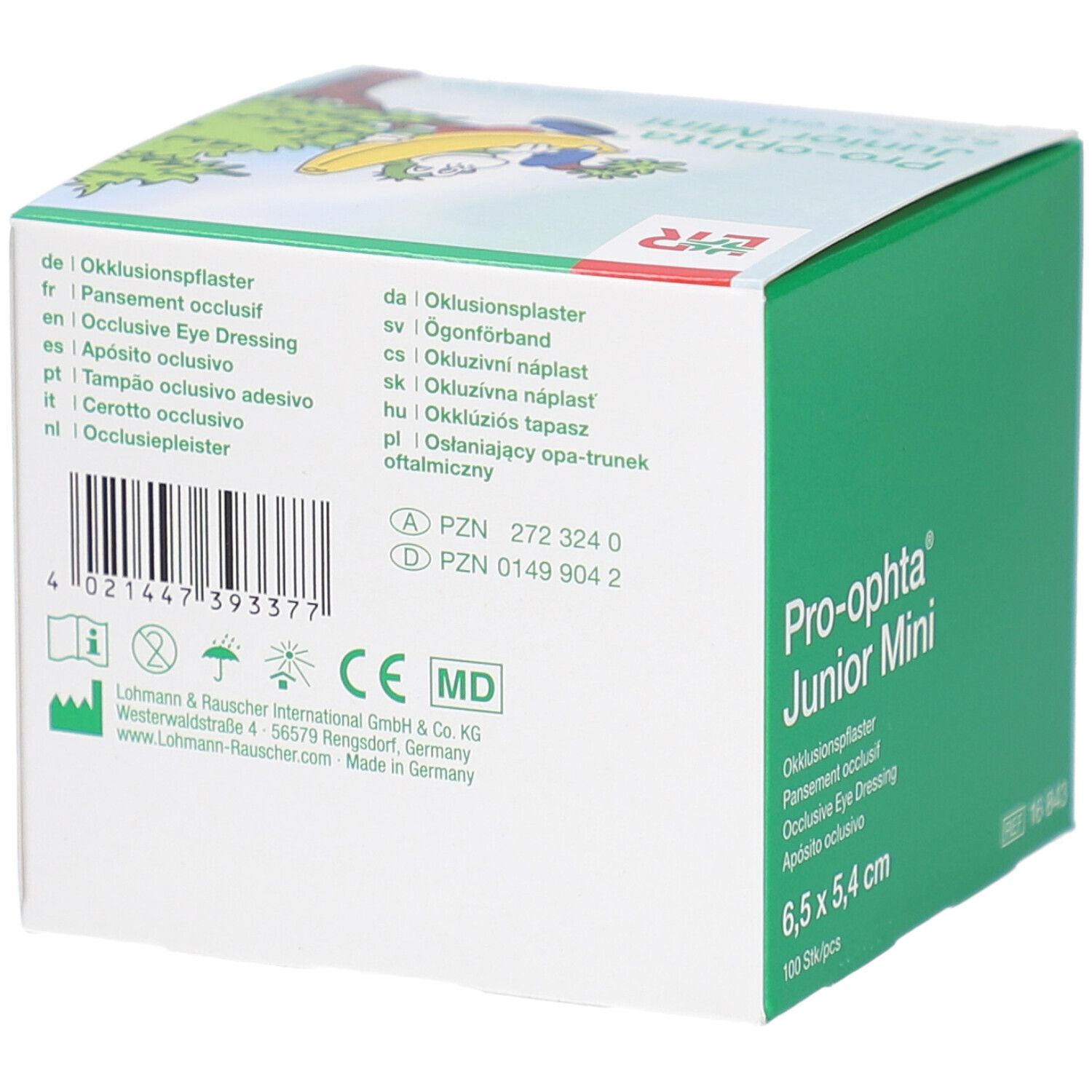 Rückseite der Pro-optha Junior Mini Verpackung. Text in verschiedenen Sprachen. CE-Kennzeichnung. Barcode.