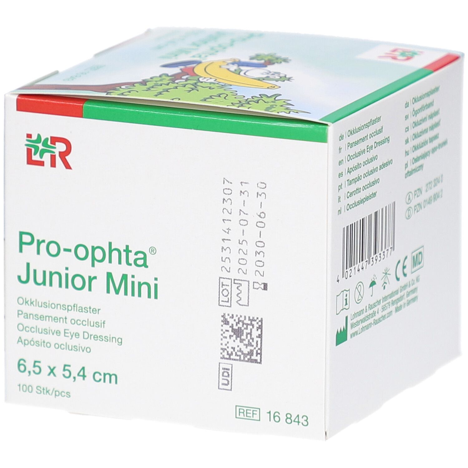 Pro-optha Junior Mini Verpackung. Text, Chargennummer und Verfallsdatum. Maße: 6,5 x 5,4 cm. 100 Stück.