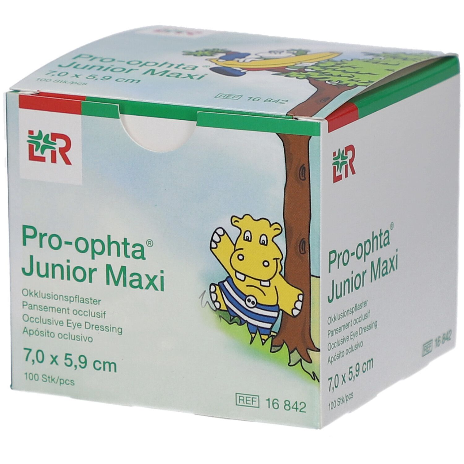 Karton von Pro-optha Junior Maxi. Aufdruck: Okklusionspflaster, 7,0 x 5,9 cm, 100 Stück. Abbildung eines Nilpferds.