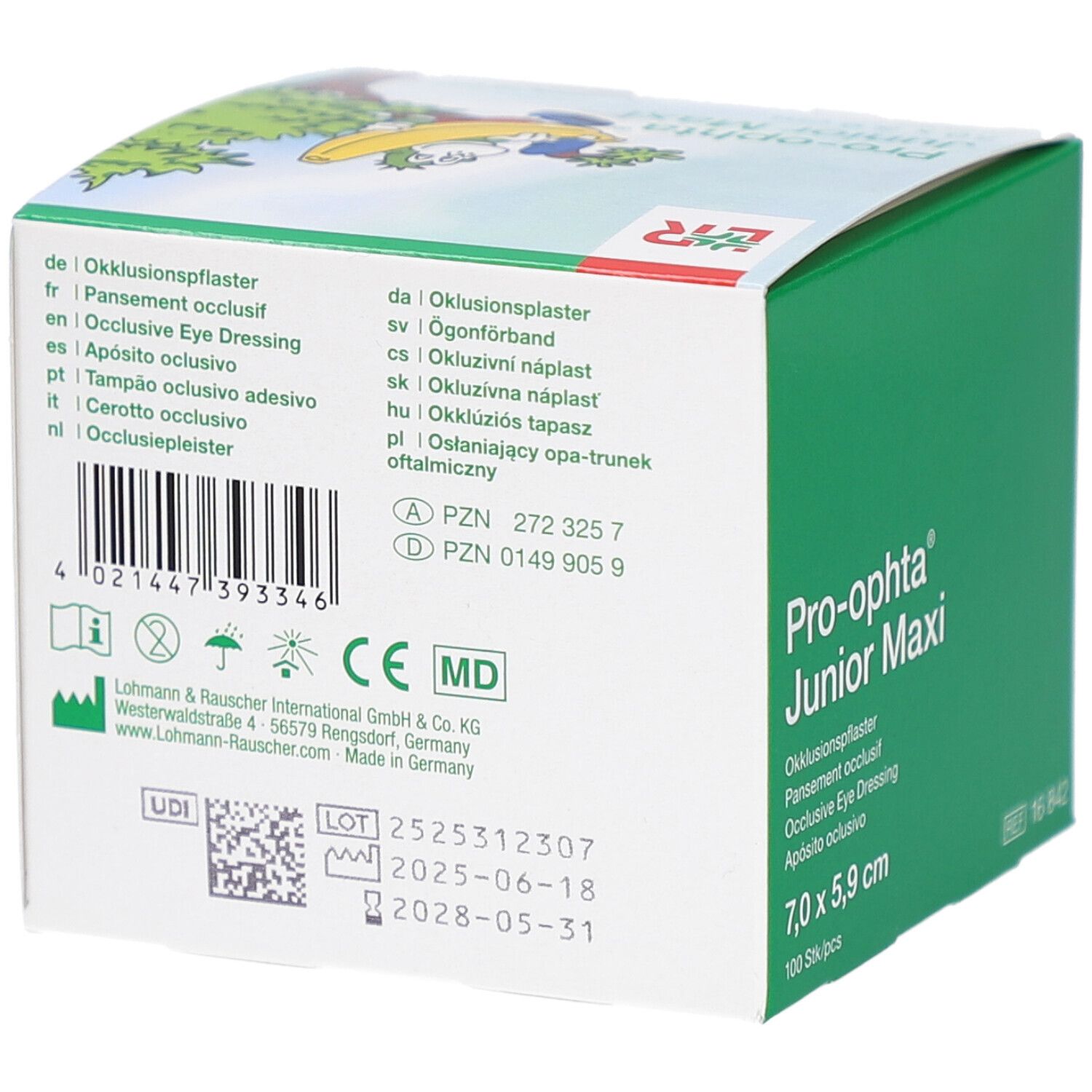 Rückseite der Pro-optha Junior Maxi Verpackung. Text in mehreren Sprachen, CE-Kennzeichnung, Barcode, Chargennummer und Herstelleradresse.