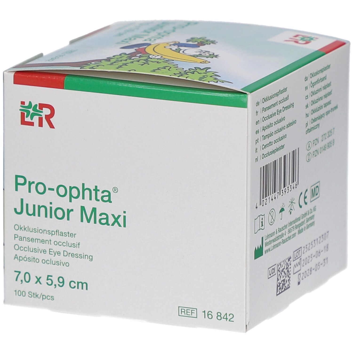 Karton von Pro-optha Junior Maxi. Aufdruck: Okklusionspflaster, 7,0 x 5,9 cm, 100 Stück. Abbildung einer Banane.