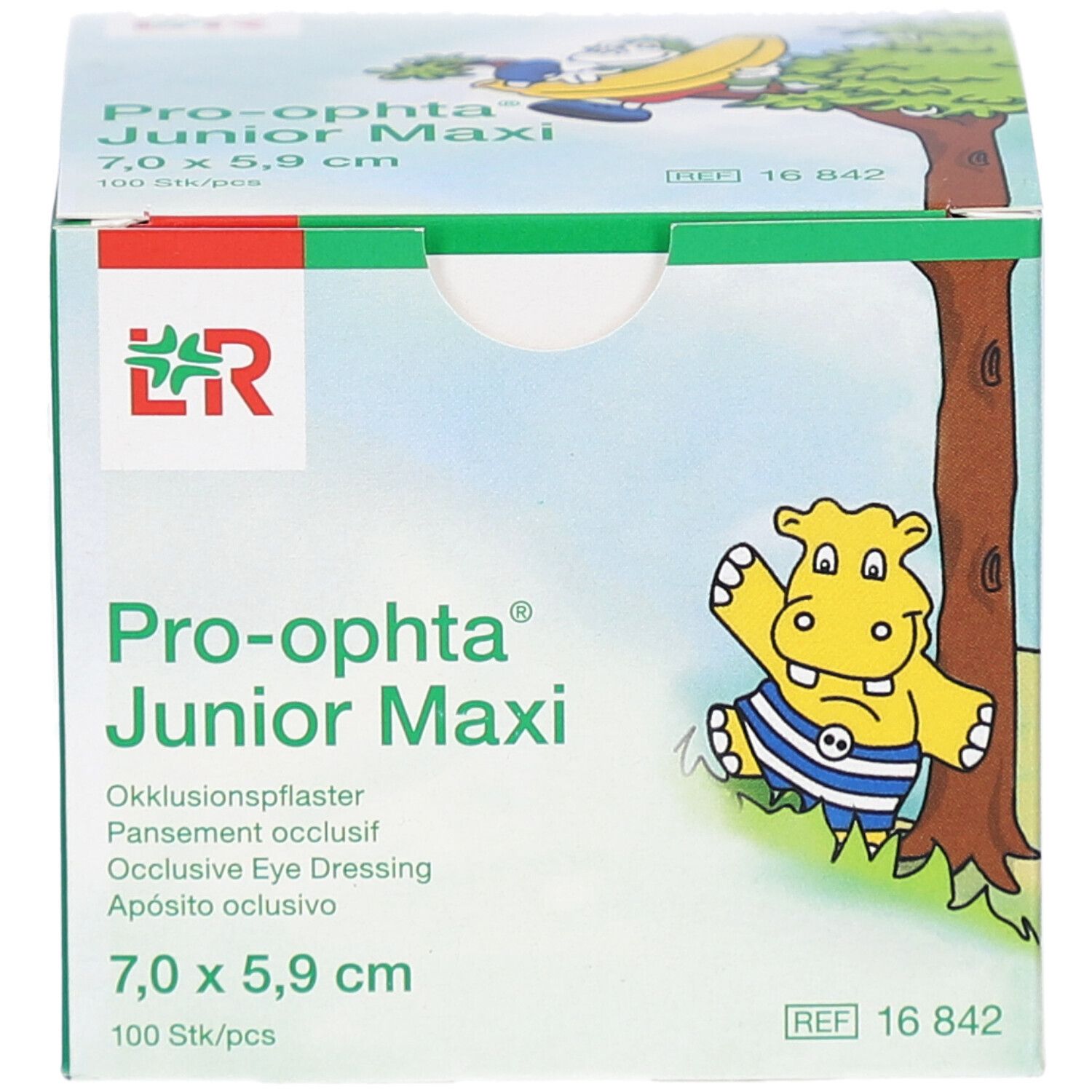 Karton von Pro-optha Junior Maxi. Aufdruck: Okklusionspflaster, 7,0 x 5,9 cm, 100 Stück. Abbildung eines Nilpferds.