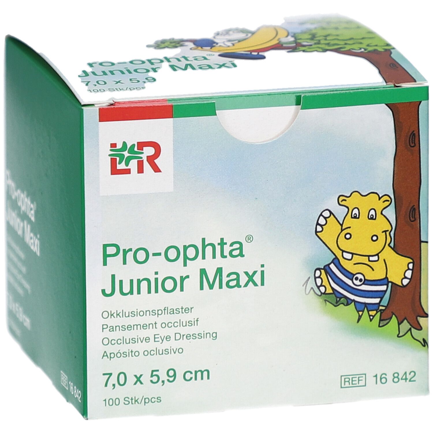 Karton von Pro-optha Junior Maxi. Aufdruck: Okklusionspflaster, 7,0 x 5,9 cm, 100 Stück. Abbildung eines Nilpferds.