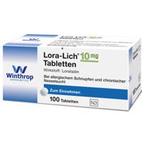 Weiße Tablettenpackung mit blauer und grüner Schrift. Beschriftung: Lora-Lich 10 mg Tabletten, 100 Tabletten.