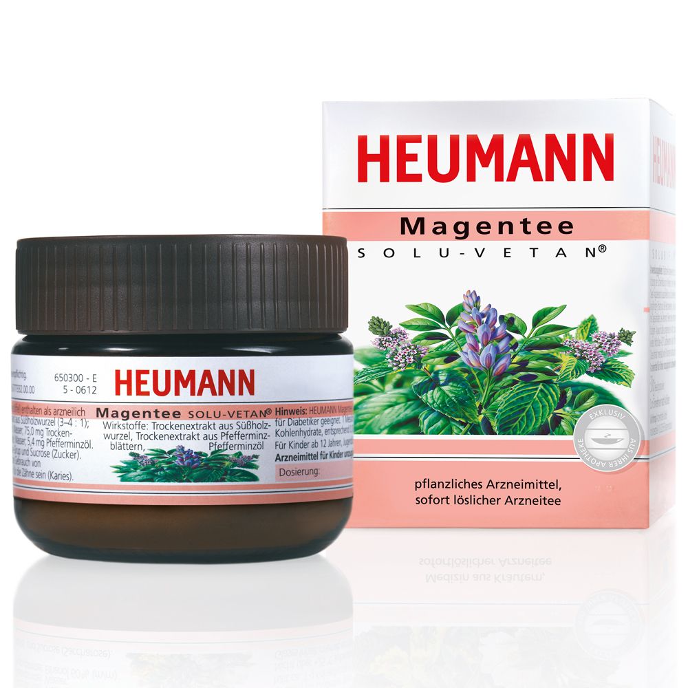 Braunes Glas mit Heumann Magentee SOLU-VETAN® und Verpackung. Aufschrift: pflanzliches Arzneimittel.