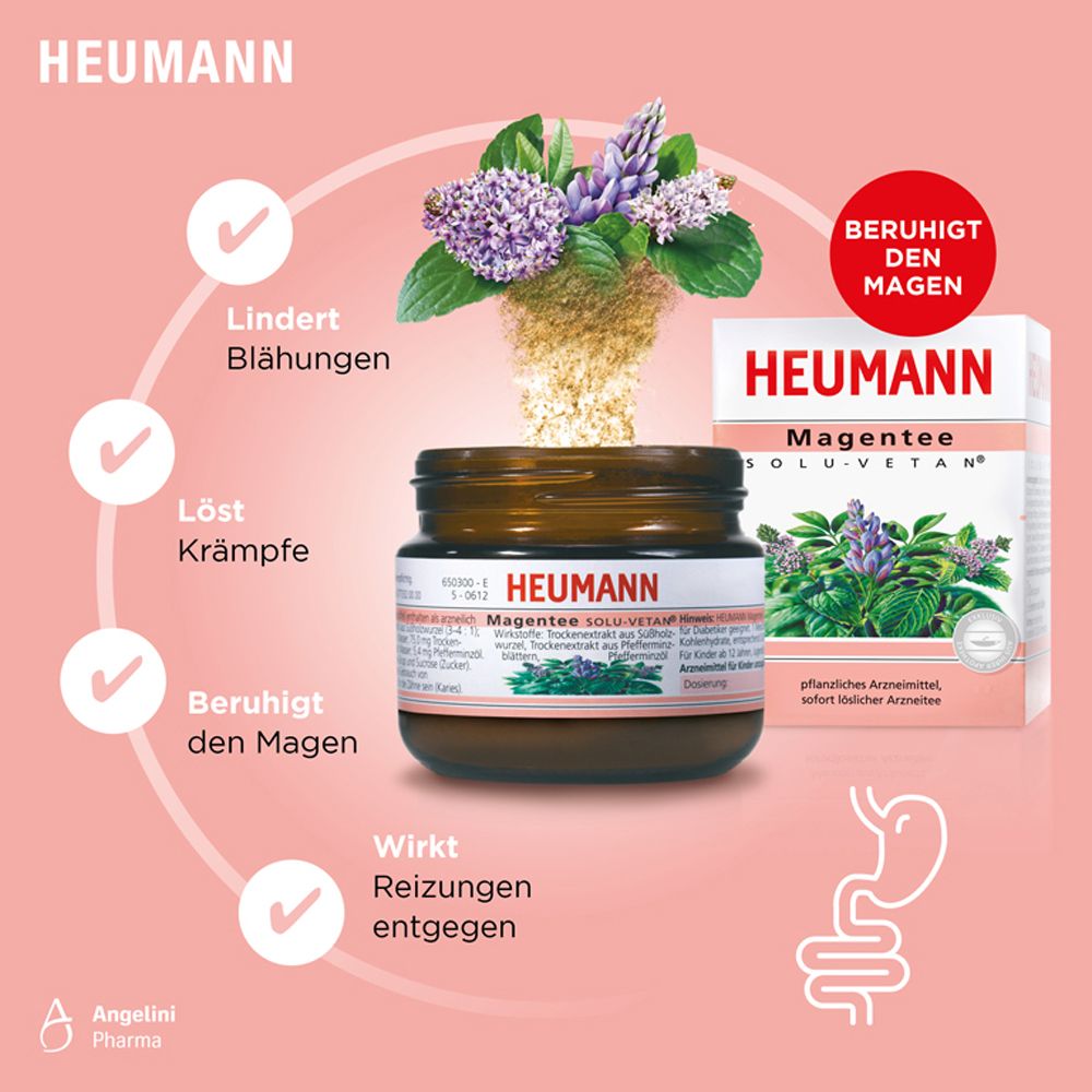 Werbung für Heumann Magentee SOLU-VETAN® mit Illustrationen. Text: Lindert Blähungen, löst Krämpfe, beruhigt den Magen, wirkt Reizungen entgegen.