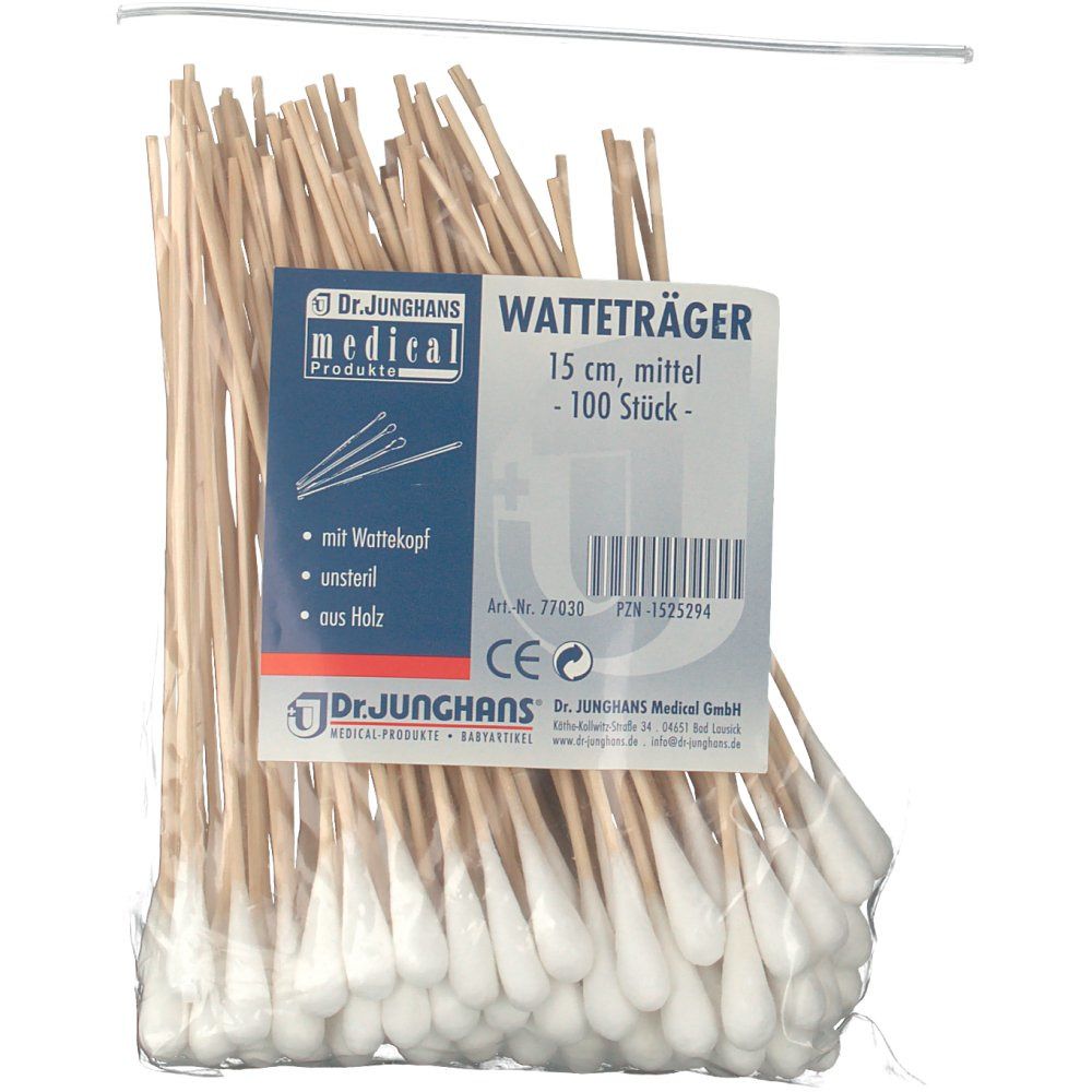 Verpackung mit Wattestäbchen. Auf der Verpackung steht "Dr. Junghans", "15 cm, mittel - 100 Stück". Die Stäbchen haben Watte an einem Ende.