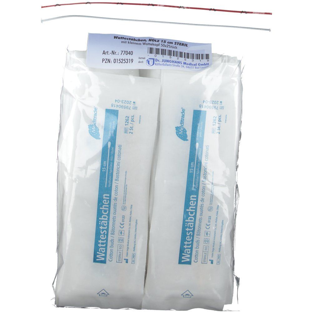 Zwei sterile Wattestäbchen-Packungen in transparenter Verpackung. Aufdrucke: Wattestäbchen, 15 cm, Art.-Nr. 77040, PZN 01525319.