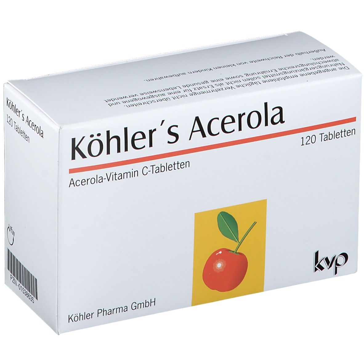 Schachtel mit Köhlers Acerola Tabletten. Aufdruck: Acerola-Vitamin C-Tabletten, 120 Tabletten, Kirsch-Illustration.