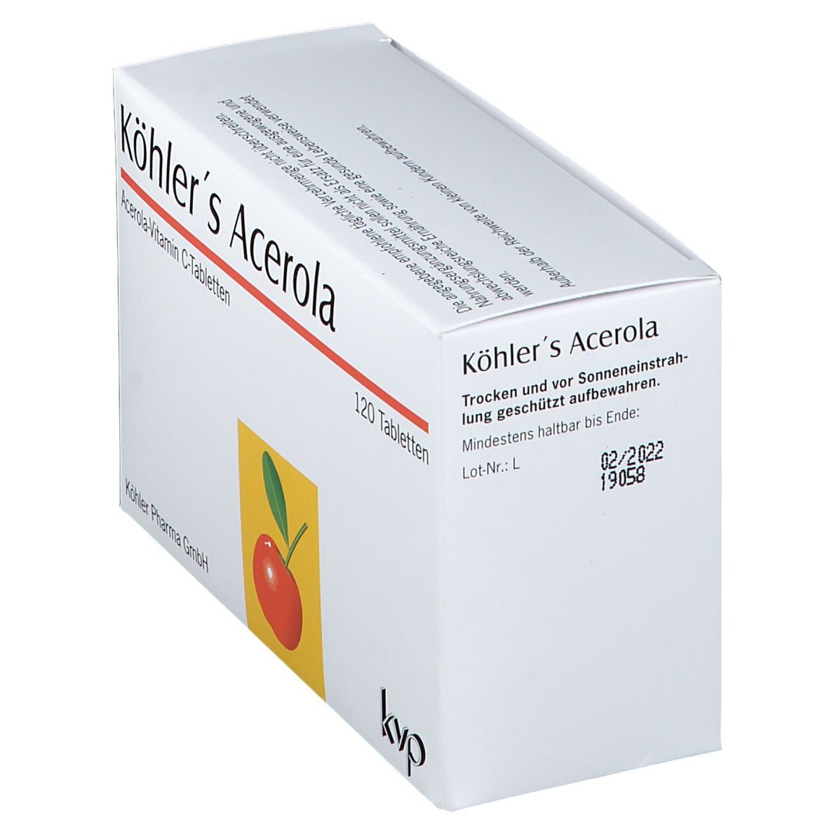 Schachtel mit Köhlers Acerola Tabletten. Aufdruck: Acerola-Vitamin C-Tabletten, 120 Tabletten, Kirsch-Illustration.