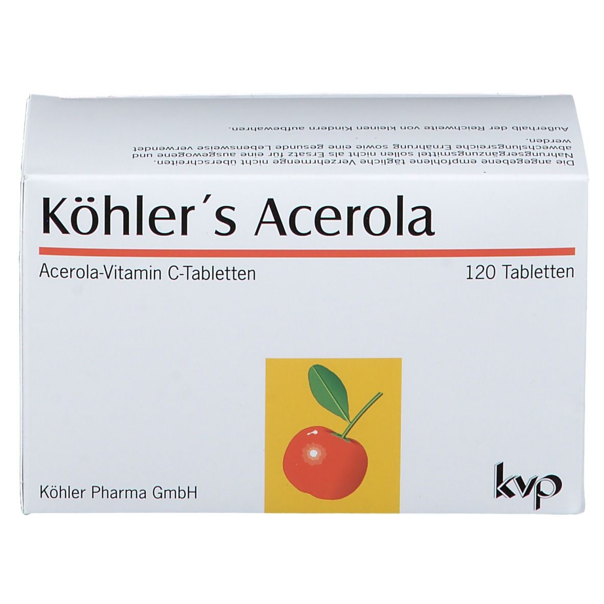 Schachtel mit Köhlers Acerola Tabletten. Aufdruck: Acerola-Vitamin C-Tabletten, 120 Tabletten, Kirsch-Illustration.