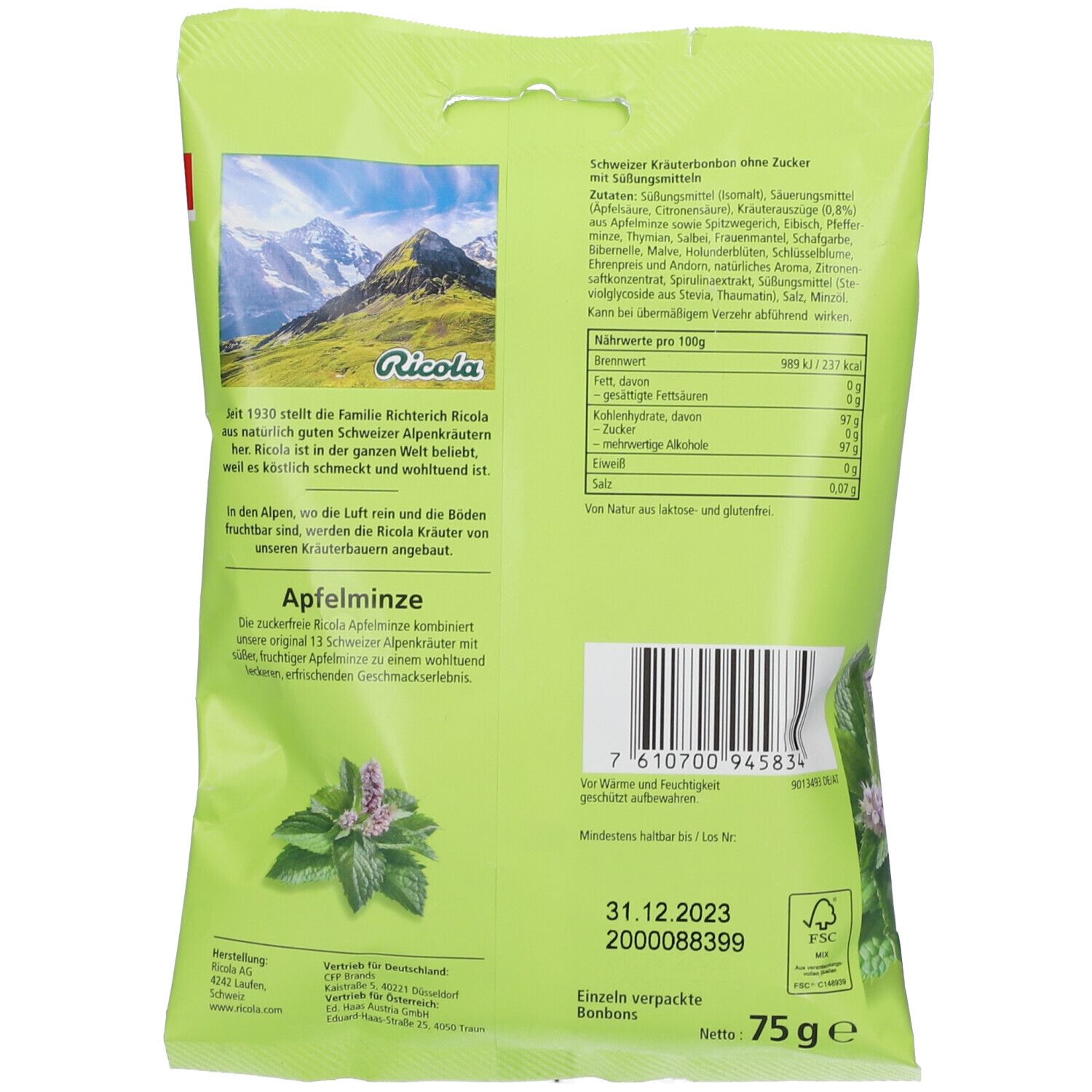 Ricola® Schweizer Kräuterbonbons Apfelminze ohne Zucker 75 g Shop