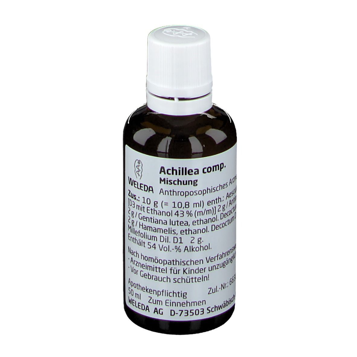 Braune Glasflasche mit weißem Deckel. Etikett mit Produktnamen und Inhaltsstoffen. Marke: Weleda.