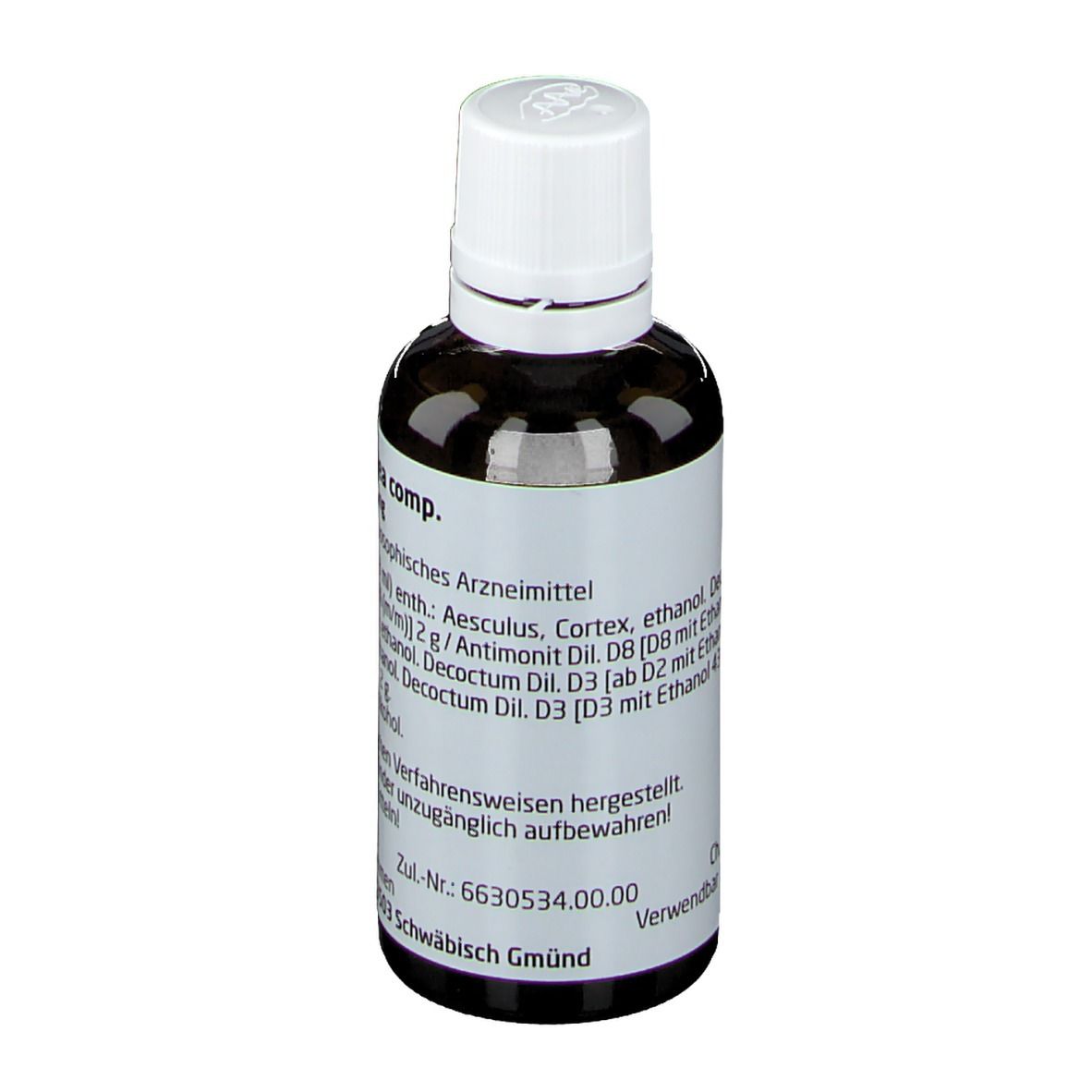 Braune Glasflasche mit weißem Deckel. Etikett mit Produktinformationen. Marke: Weleda.
