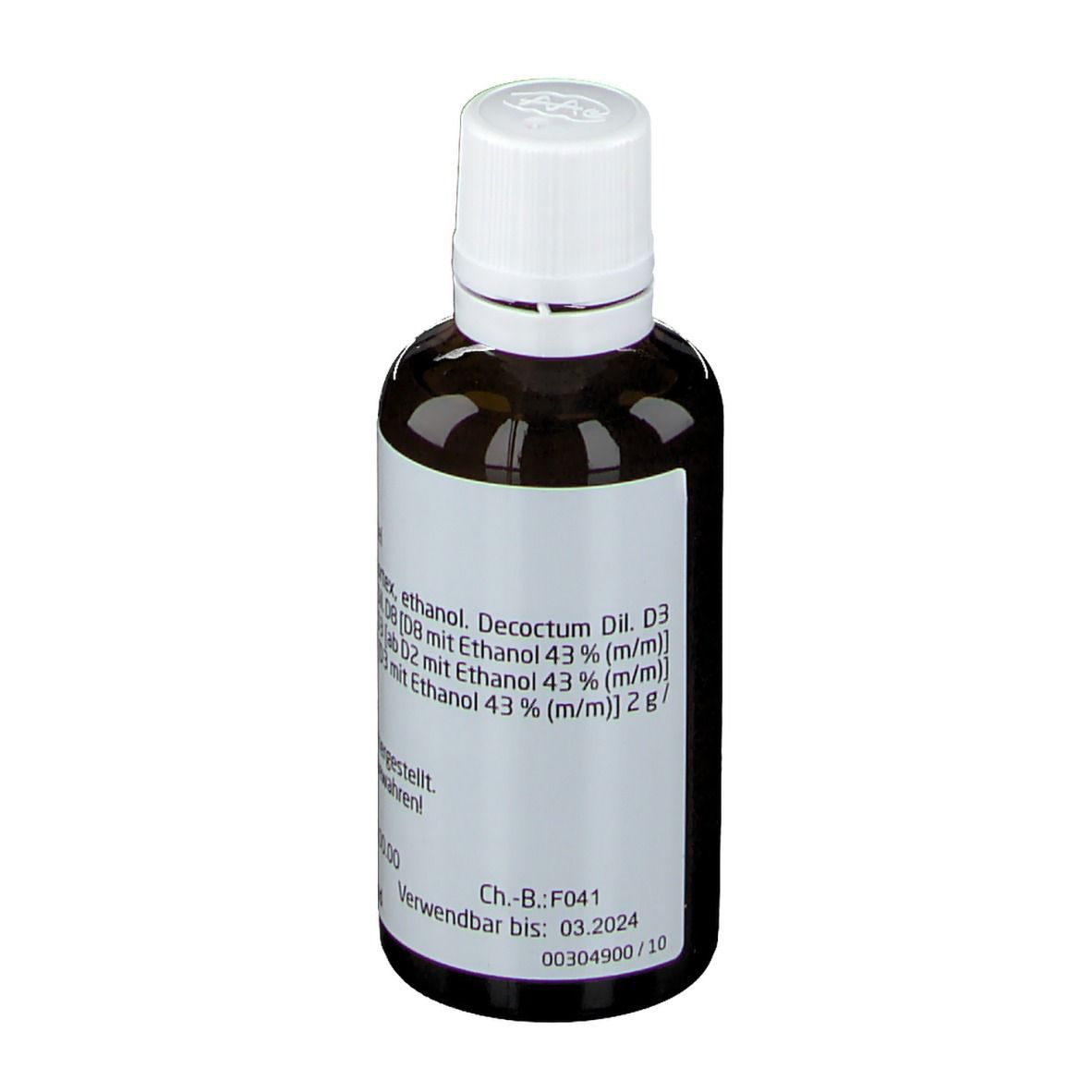 Braune Glasflasche mit weißem Deckel. Etikett mit Produktinformationen und Verfallsdatum. Marke: Weleda.