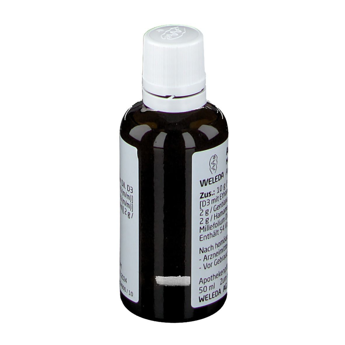 Braune Glasflasche mit weißem Deckel. Etikett mit Produktinformationen. Marke: Weleda.