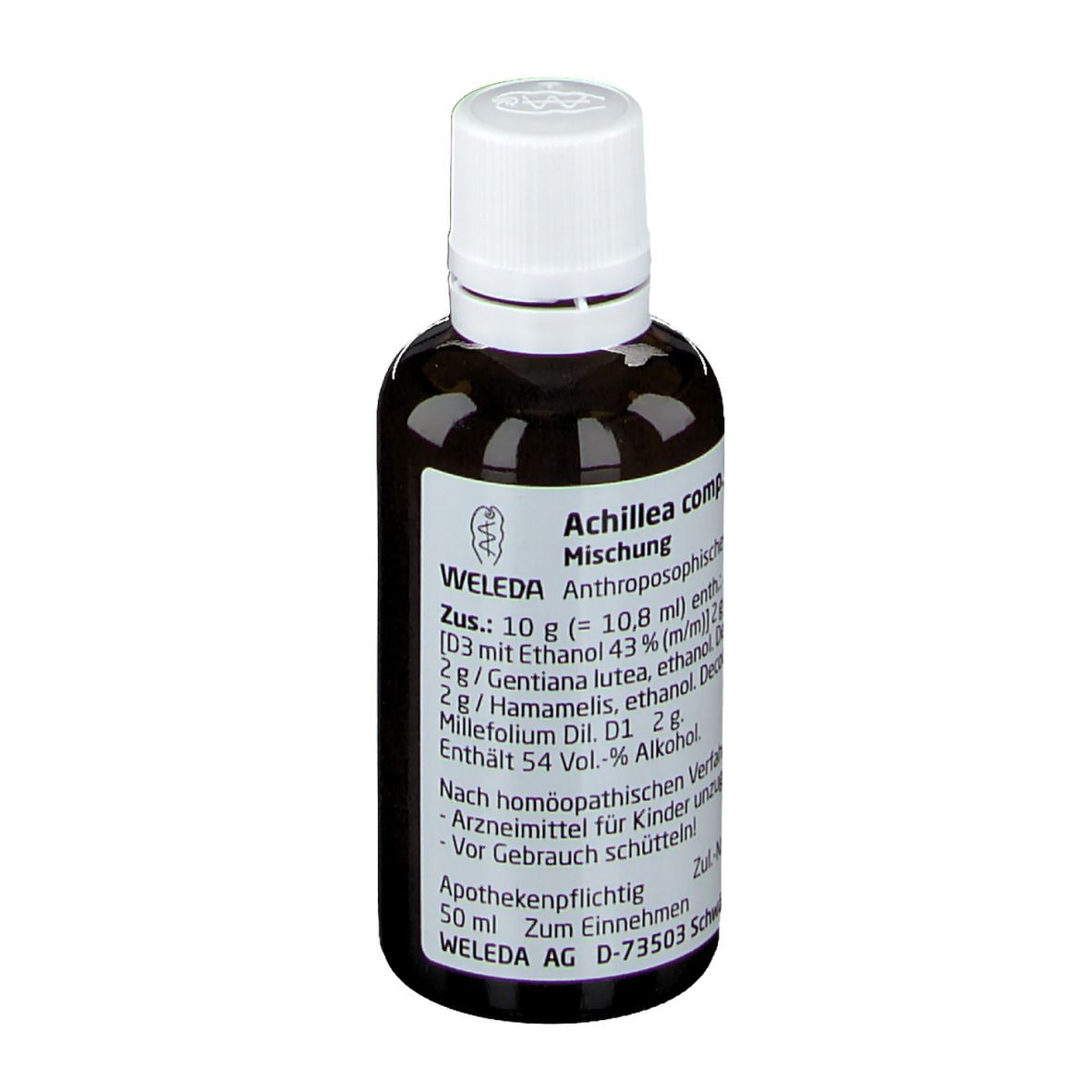 Braune Glasflasche mit weißem Deckel. Etikett mit Produktnamen und Inhaltsstoffen. Marke: Weleda.