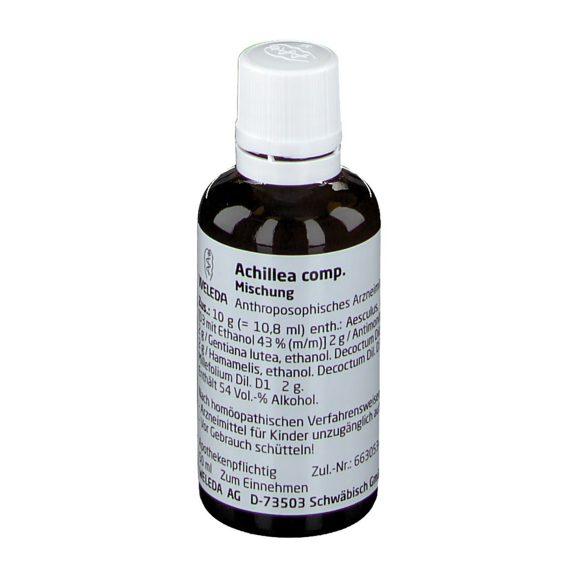 Braune Glasflasche mit weißem Deckel. Etikett mit Produktnamen und Inhaltsstoffen. Marke: Weleda.