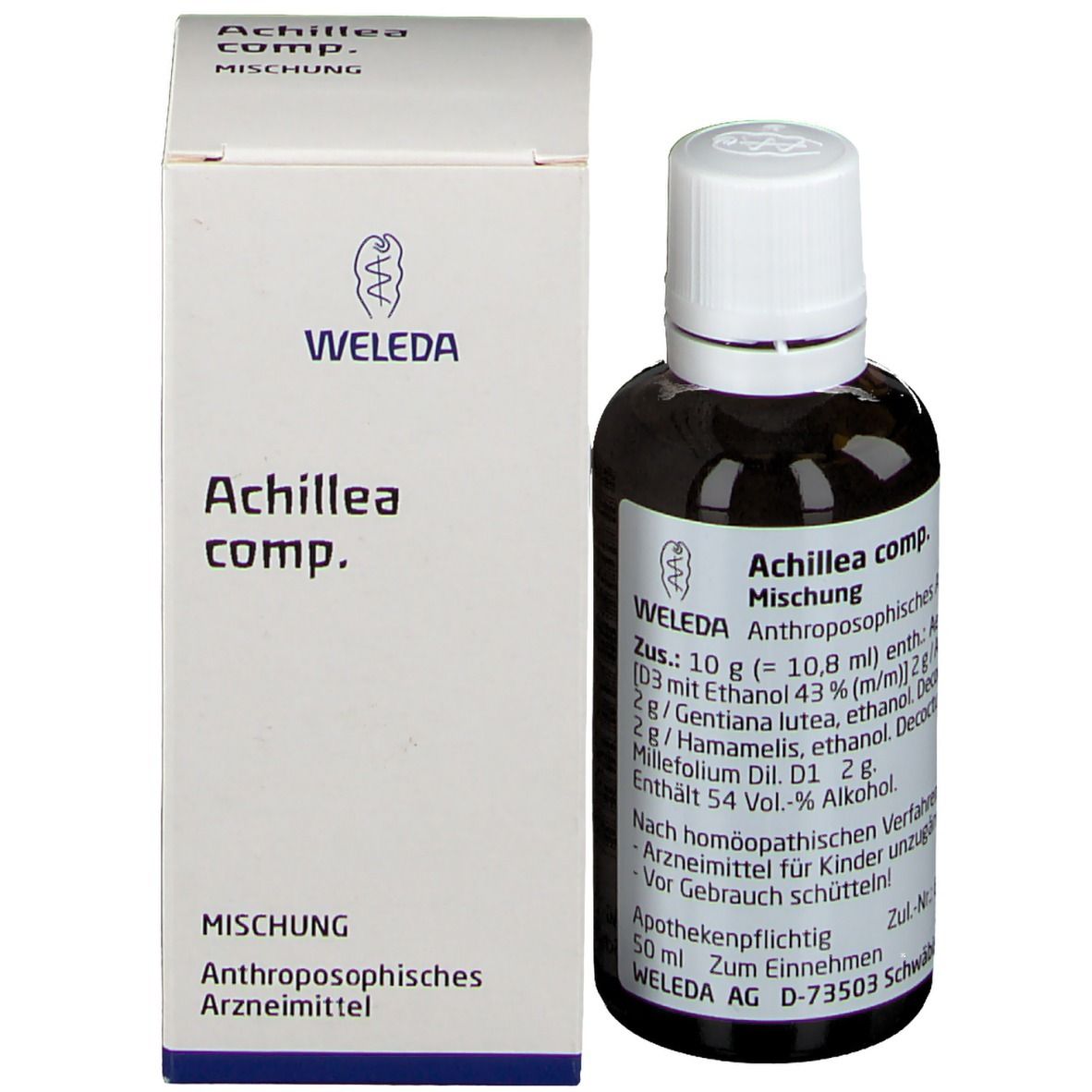 Braune Glasflasche mit weißem Deckel und Kartonverpackung. Produktname und Marke: Weleda.