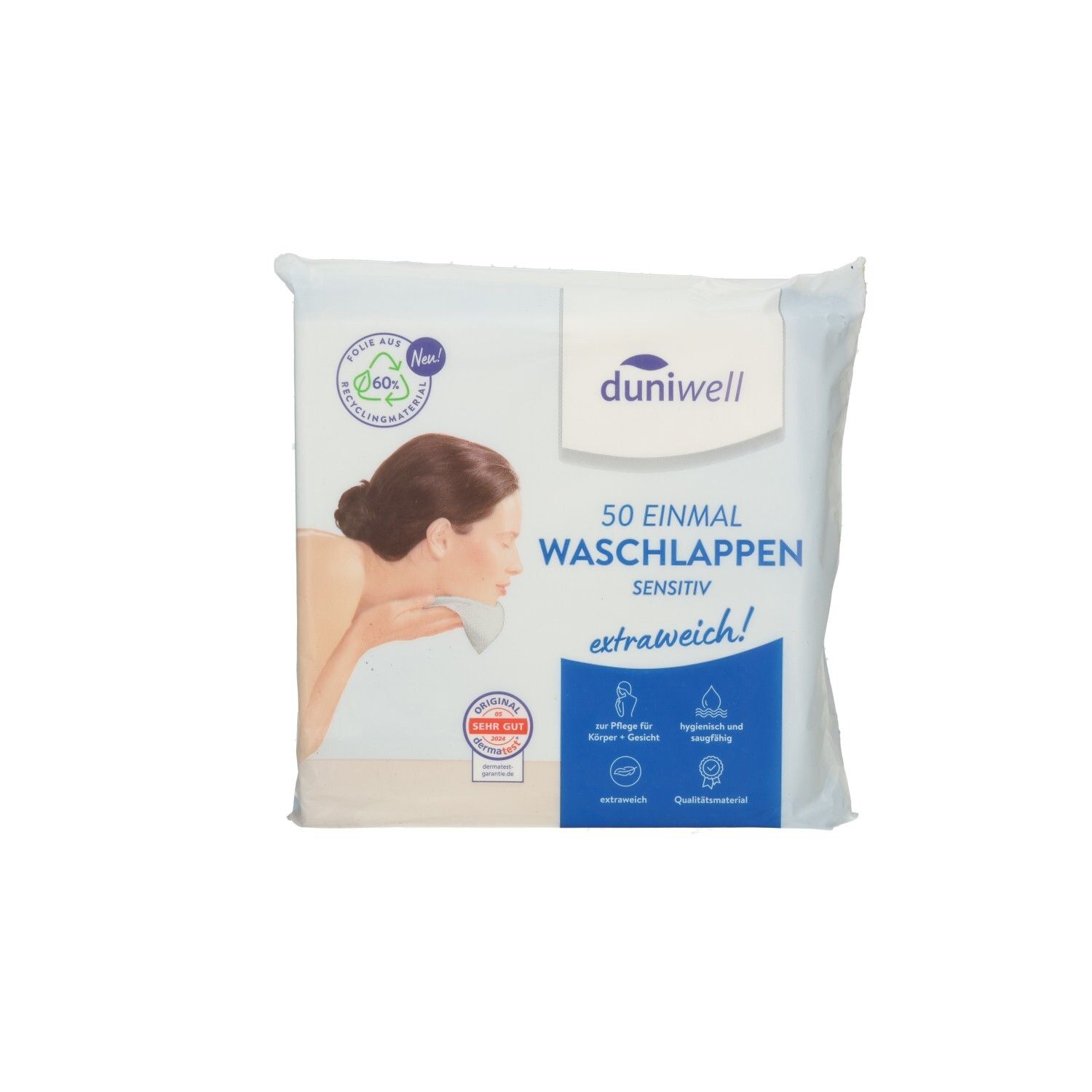 Verpackung mit Einmalwaschlappen. Aufdruck: duniwell, 50 Stück, sensitiv, extraweich. Frau wischt sich das Gesicht. Siegel: dermatologisch getestet.