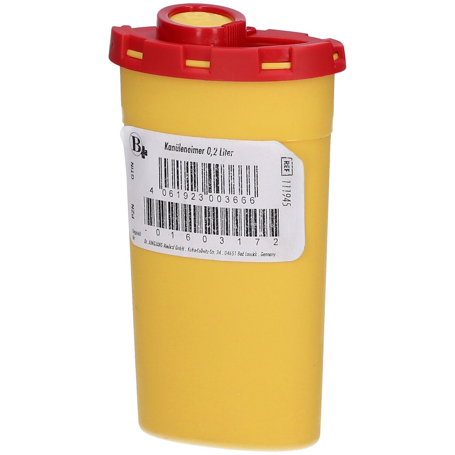 Gelber Kanülenbehälter mit rotem Deckel. Aufkleber mit Produktinformationen und Barcode.
