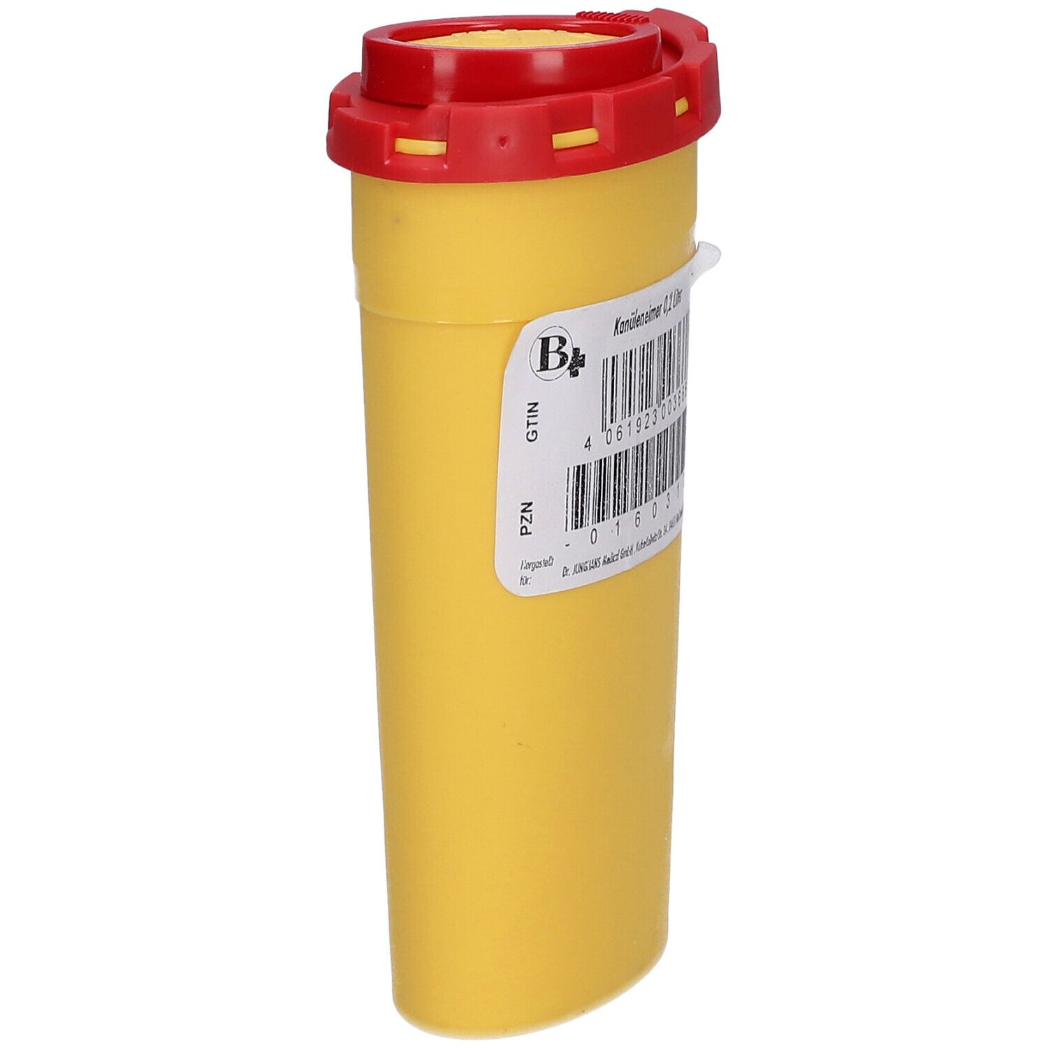 Gelber Kanülenbehälter mit rotem Deckel. Aufkleber mit Produktinformationen und Barcode.