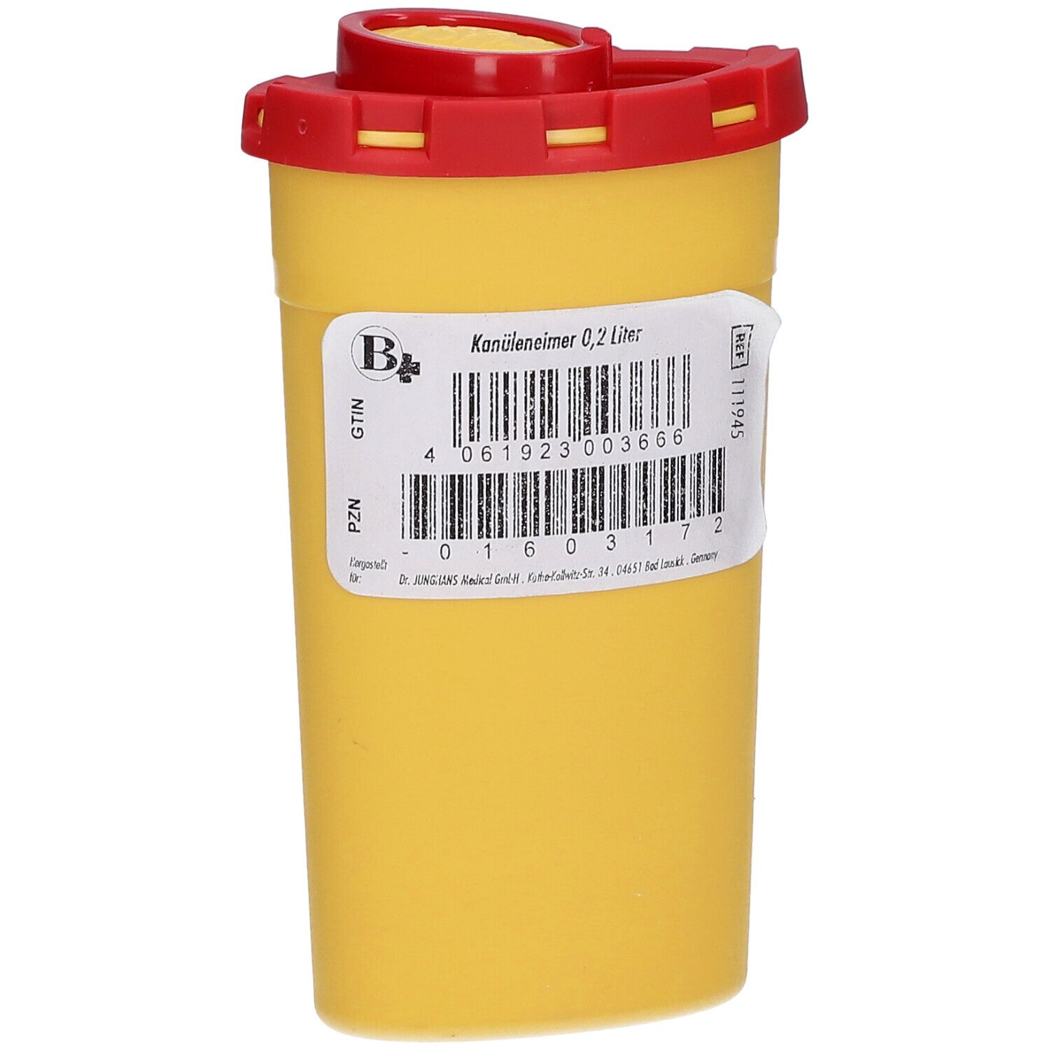 Gelber Kanülenbehälter mit rotem Deckel. Aufkleber mit Produktinformationen und Barcode.