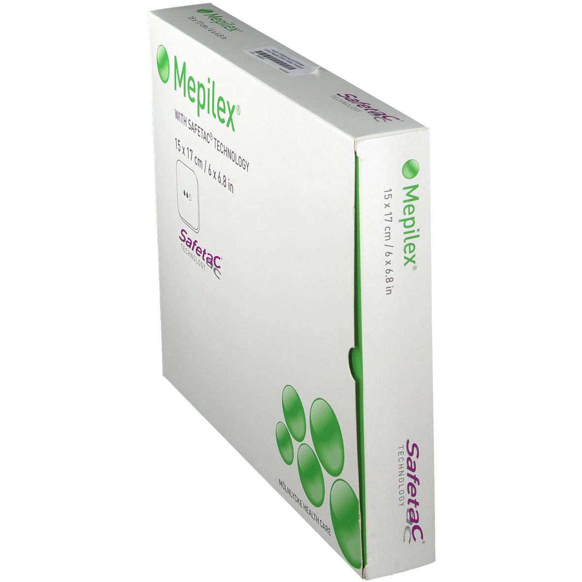 Seitenansicht der Mepilex Schaumverband-Verpackung. Größe 15x17 cm. Mit Safetac Technologie. Weiß mit grünen Elementen und Produktlogo.