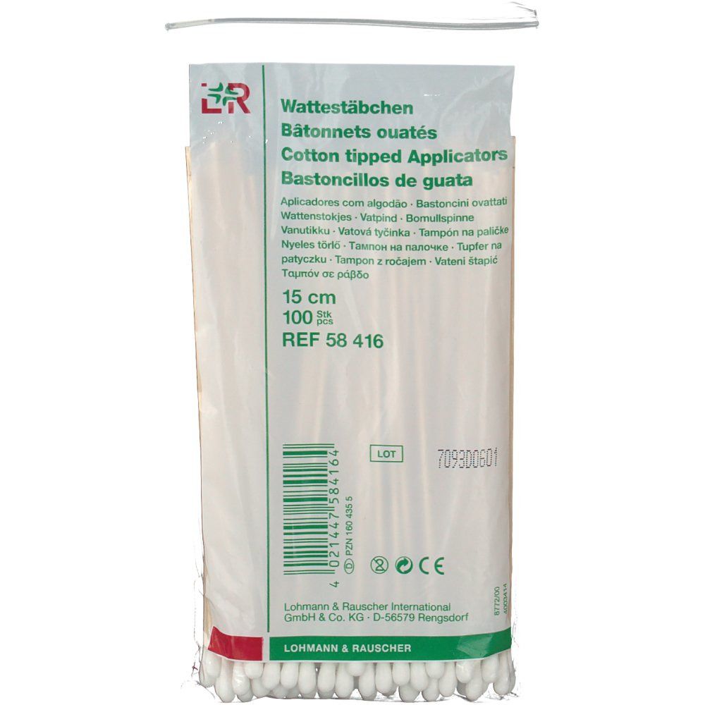 Verpackung mit Wattestäbchen. 15 cm lang, 100 Stück. Hersteller: Lohmann & Rauscher. Aufschrift: Cotton tipped Applicators.