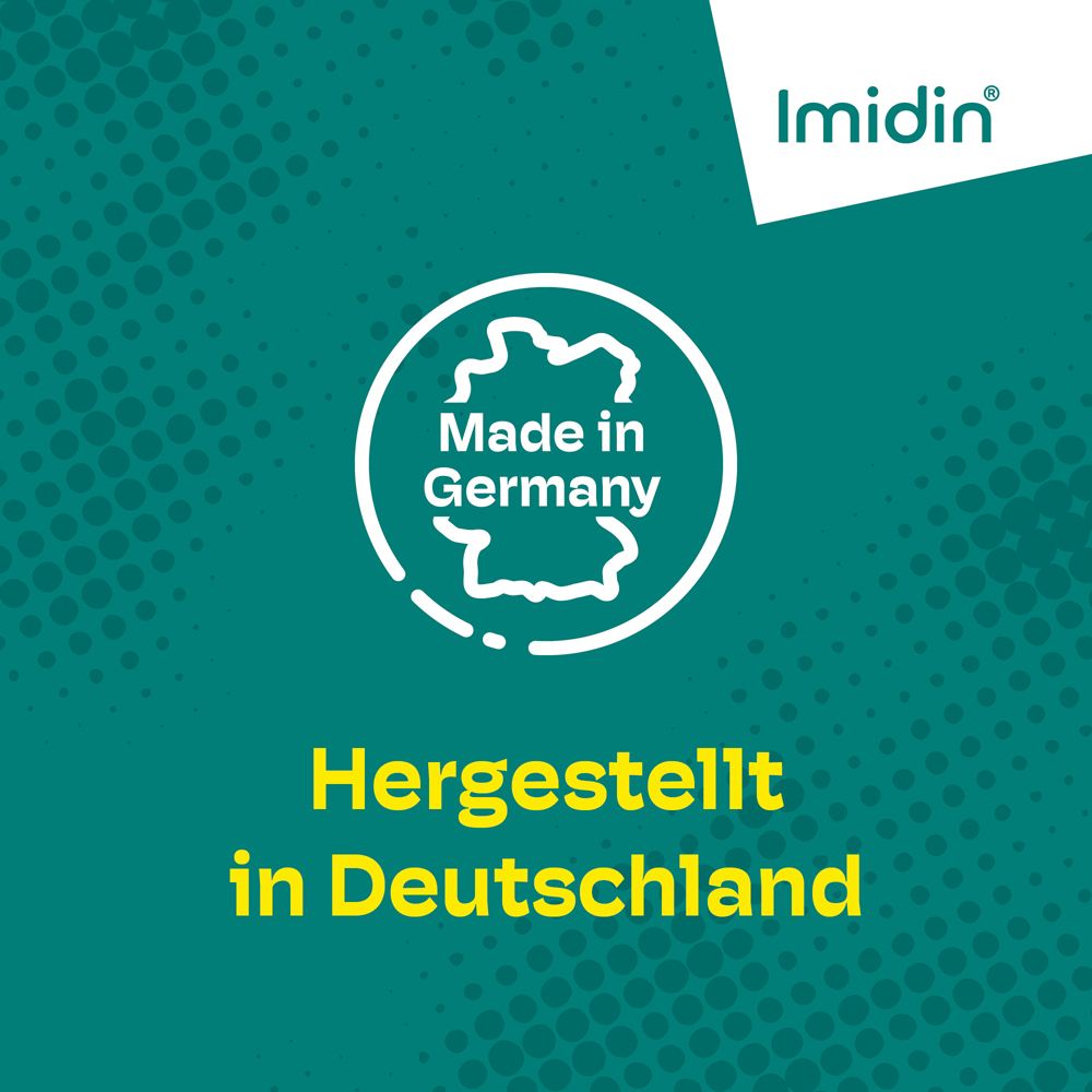 Umriss von Deutschland. Text: Hergestellt in Deutschland. Logo: Imidin®.