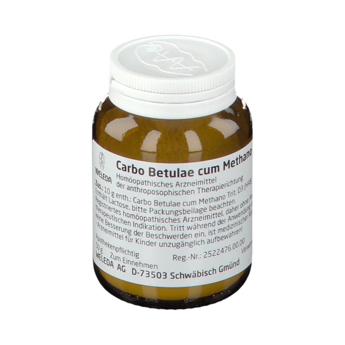 Braune Glasflasche mit weißem Deckel. Etikett mit Produktinformationen. Apothekenpflichtig.