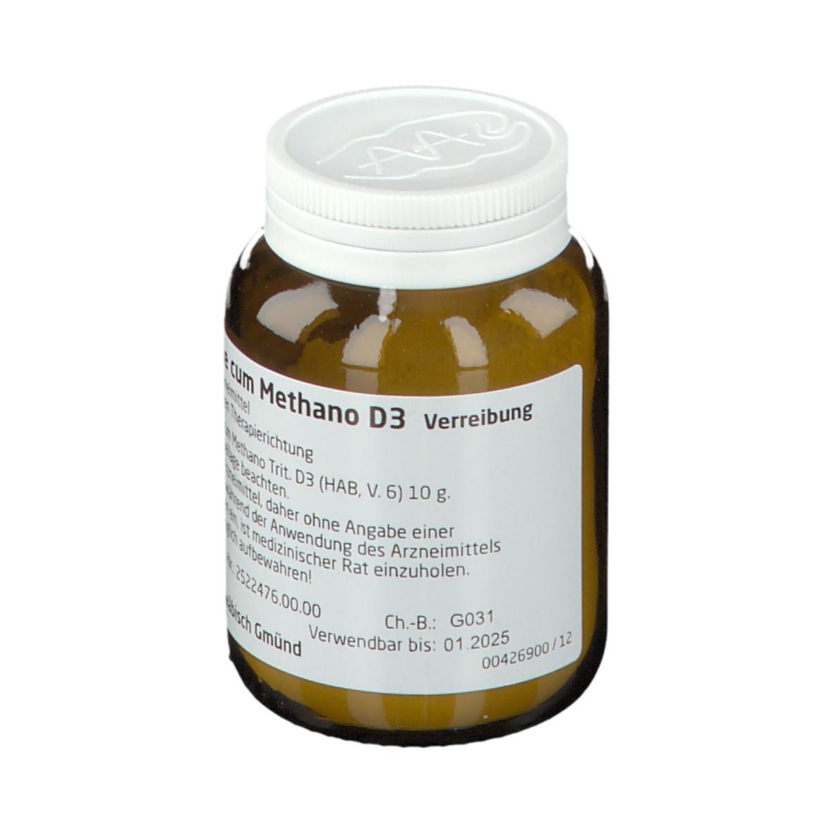 Braune Glasflasche mit weißem Deckel. Etikett mit Produktinformationen. Verwendbar bis 01.2025.