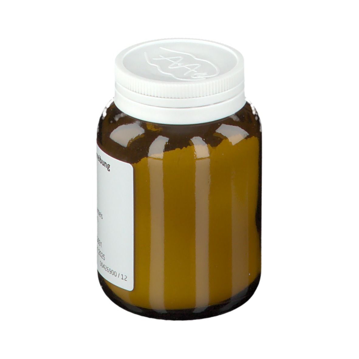 Braune Glasflasche mit weißem Deckel. Etikett mit Produktinformationen. Apothekenpflichtig.
