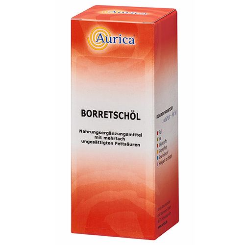Aurica® Borretschöl-Verpackung. Rote und weiße Box mit Produktnamen und Logo. Nahrungsergänzungsmittel.