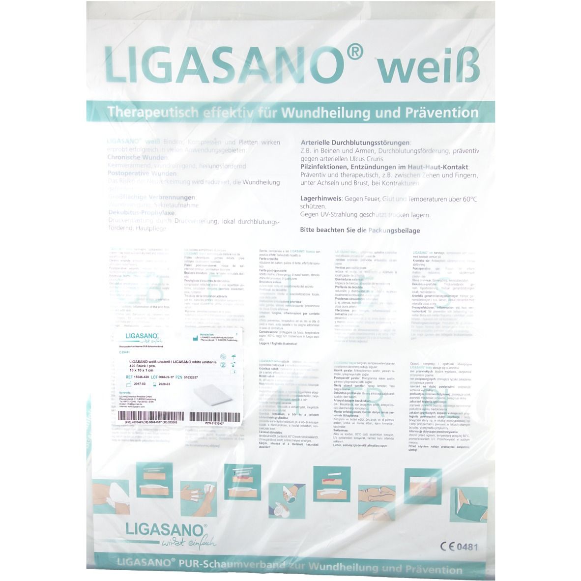 Verpackung von LIGASANO® weiß. Text: Therapeutisch effektiv für Wundheilung und Prävention. CE-Kennzeichnung.