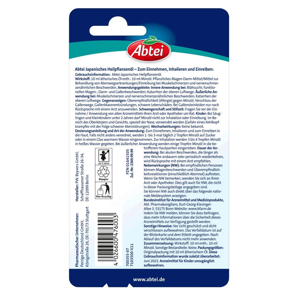 Rückseite der Verpackung. Textinformationen zu Abtei Japanisches Heilpflanzenöl. Herstelleradresse und Recycling-Symbole.