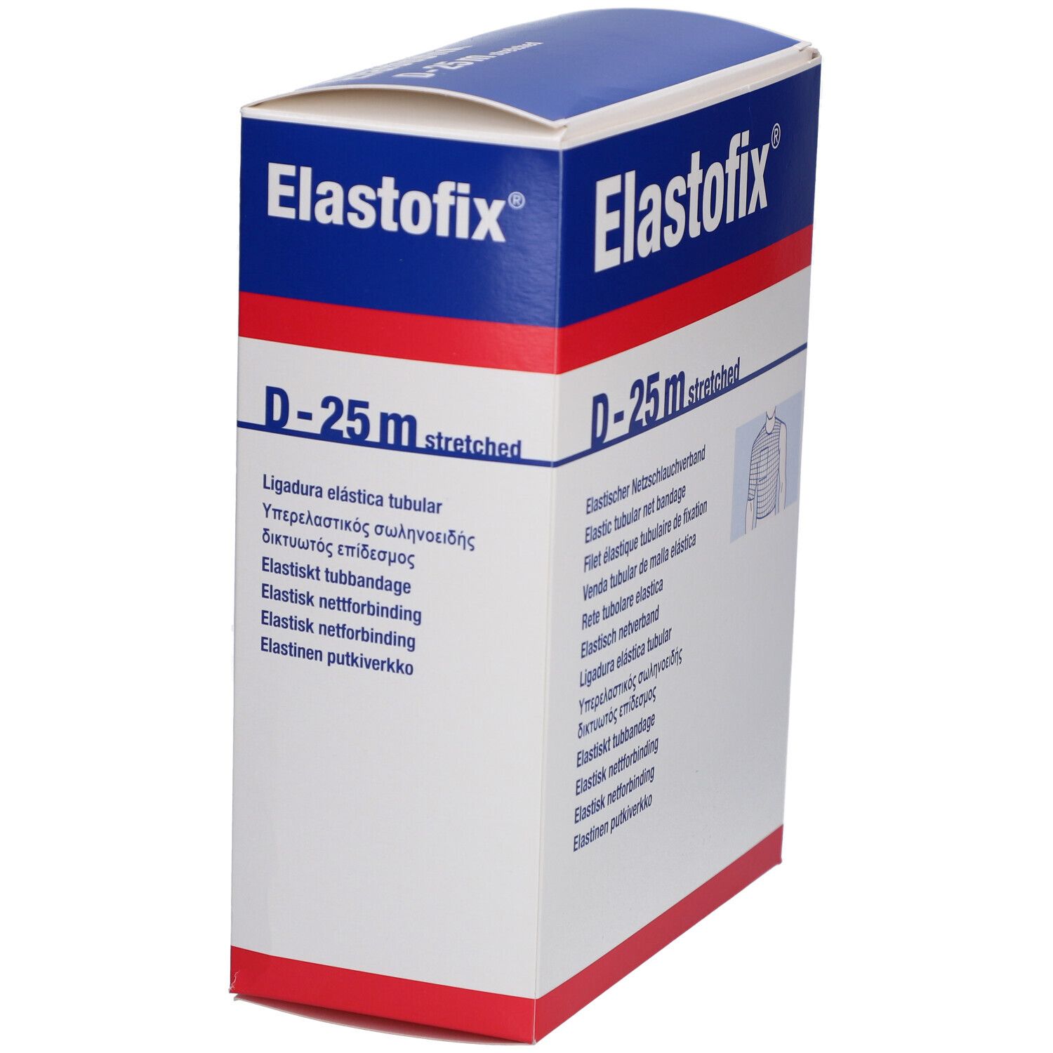 Elastofix® D-25 m Verpackung. Weißer Karton mit blauem Deckel. Produktname und Beschreibung in mehreren Sprachen.