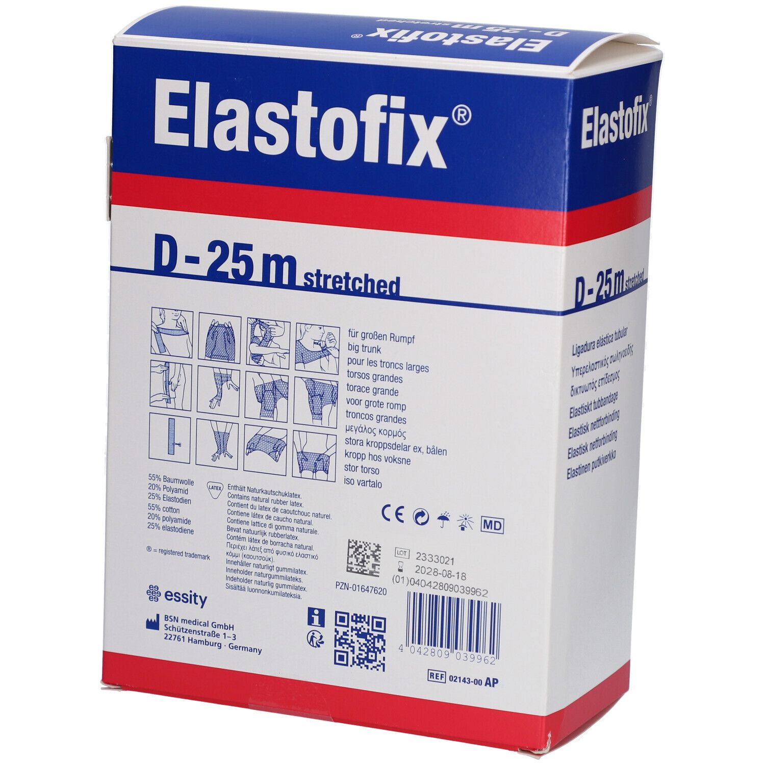 Elastofix® D-25 m Verpackung. Weißer Karton mit blauem Deckel. Produktname, Beschreibung und Piktogramme.