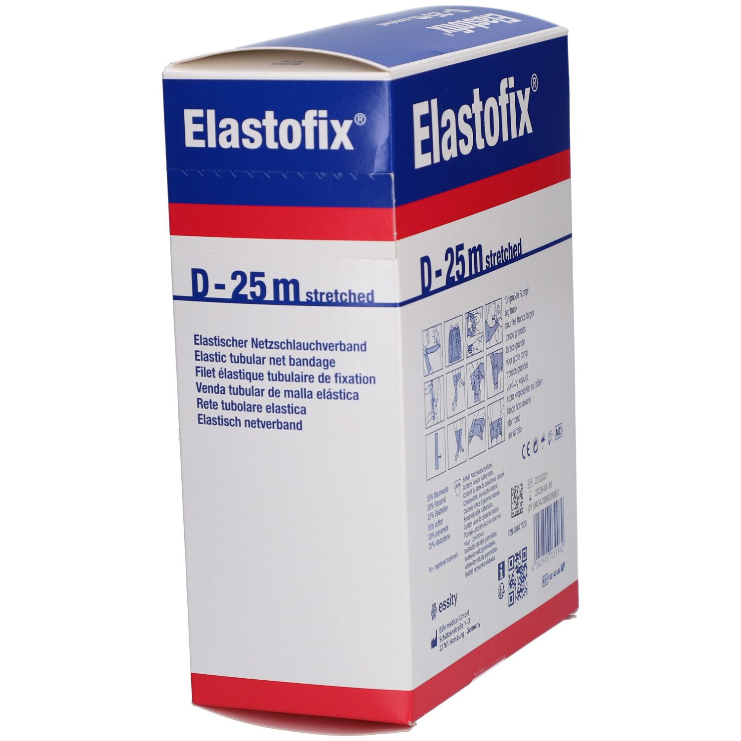 Elastofix® D-25 m Verpackung. Weißer Karton mit blauem Deckel. Produktname und Beschreibung in mehreren Sprachen.
