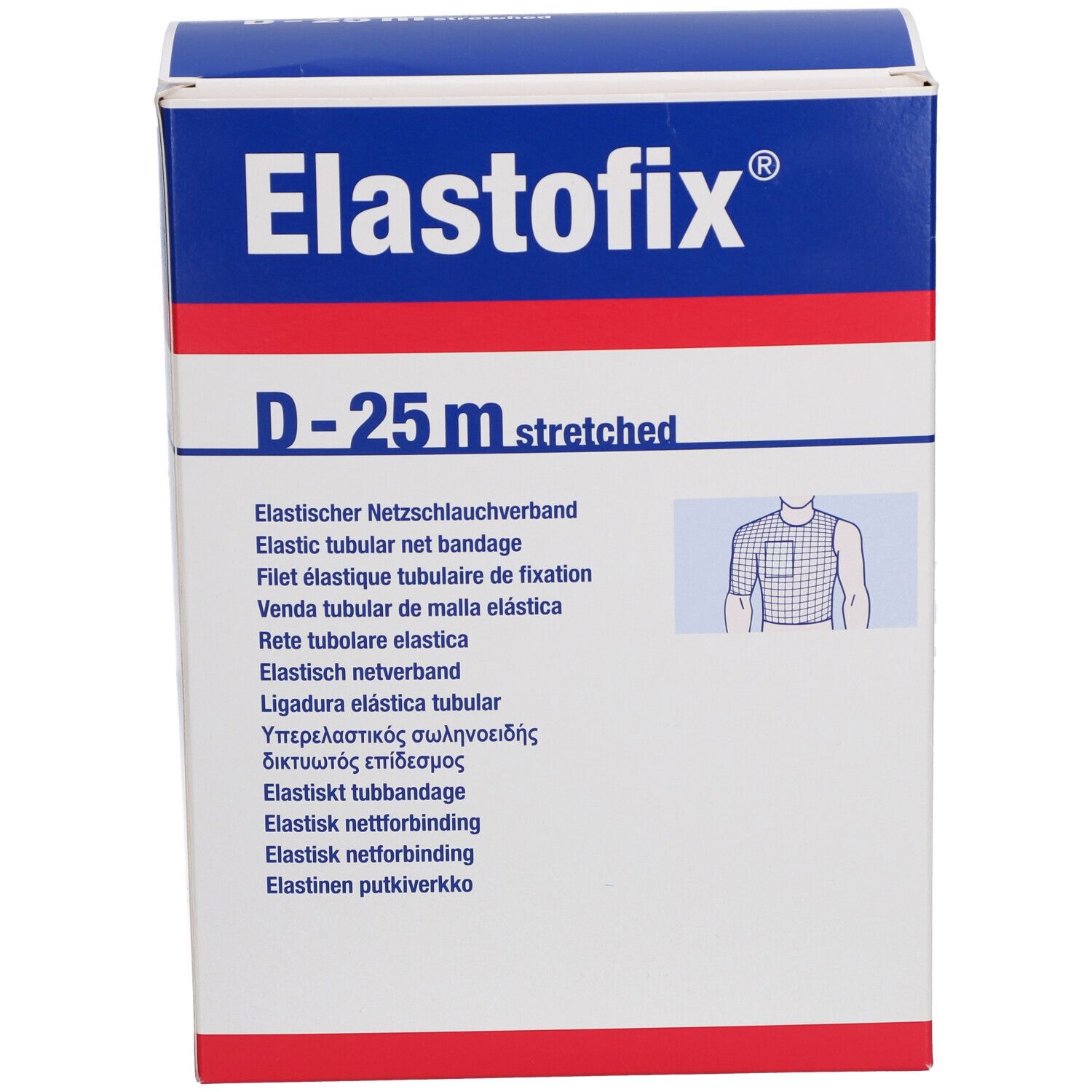 Elastofix® D-25 m Verpackung. Weißer Karton mit blauem Deckel. Produktname und Beschreibung in mehreren Sprachen.