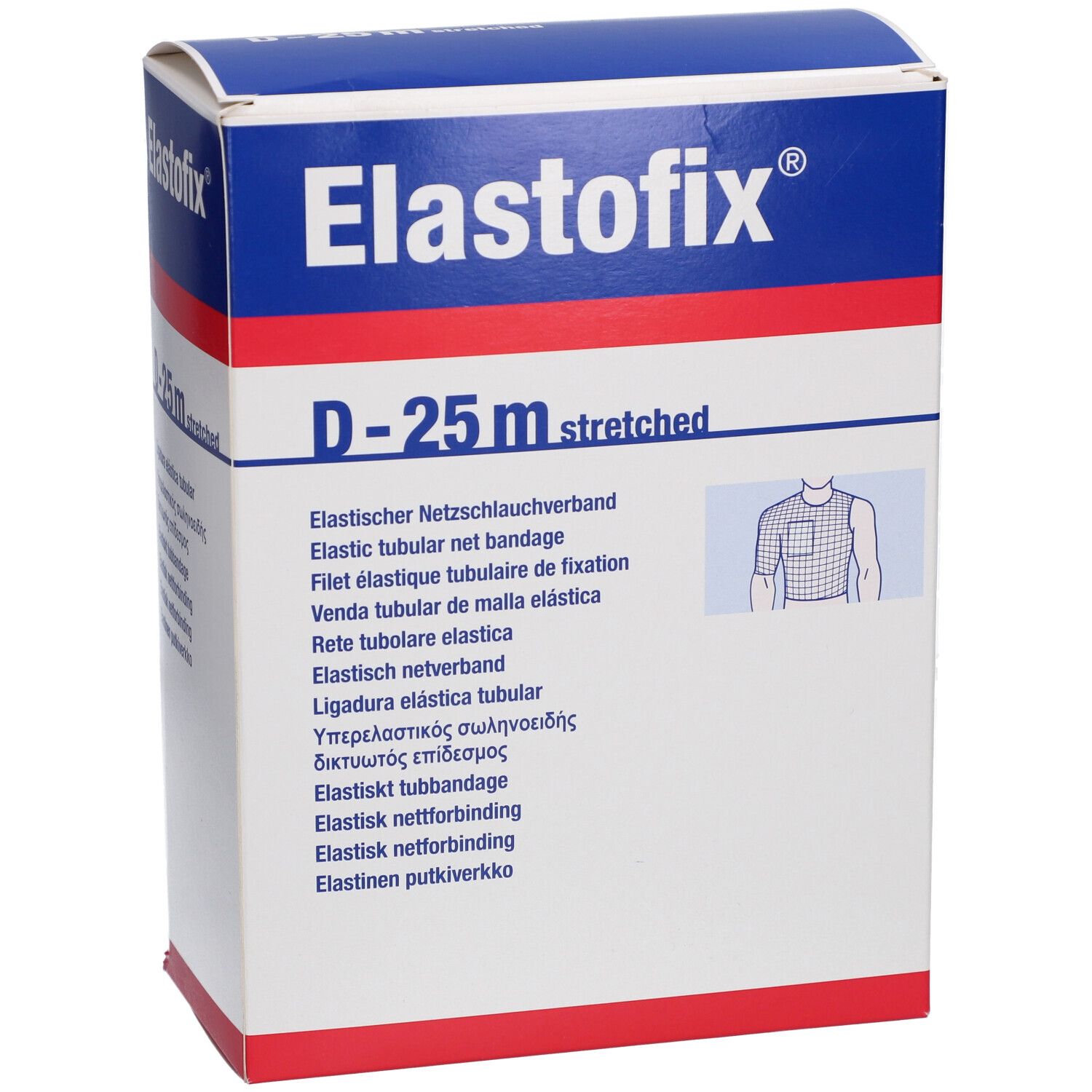 Elastofix® D-25 m Verpackung. Weißer Karton mit blauem Deckel. Produktname und Beschreibung in mehreren Sprachen.
