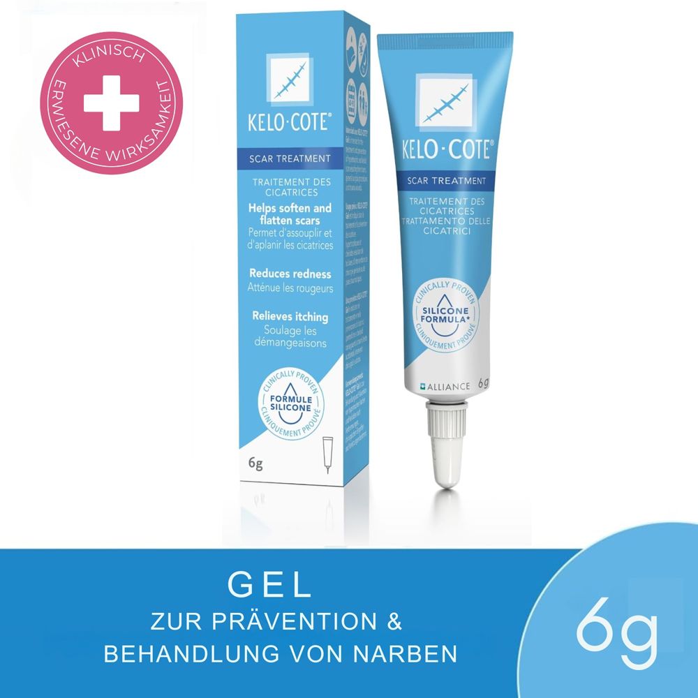 Blau-weiße Tube und Schachtel. Aufschrift: Kelo-cote Gel, zur Prävention & Behandlung von Narben.